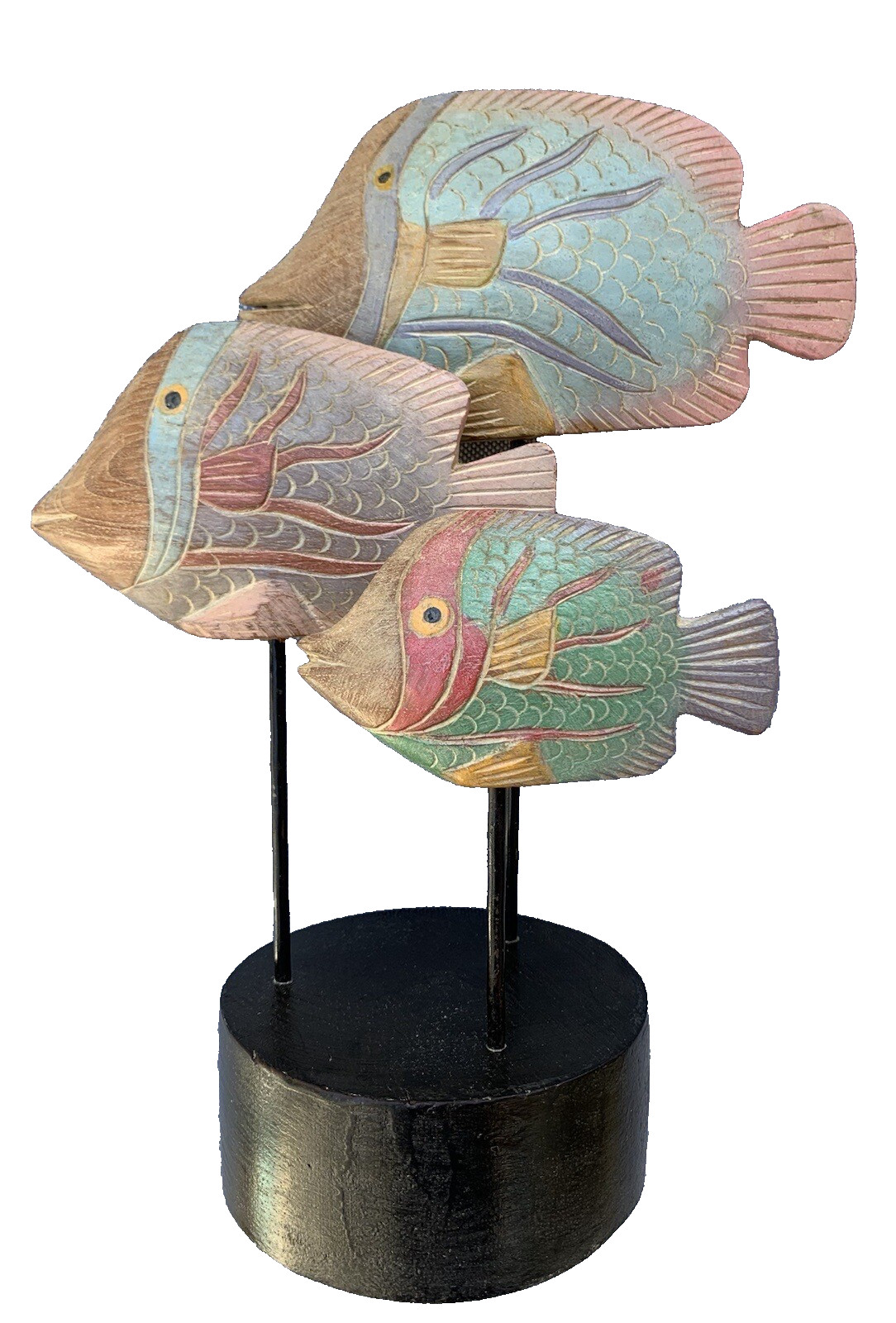 Vintage Handcarved 3 Pastel Wooden Fish Marine Figurine on Wood Base, Thailand
