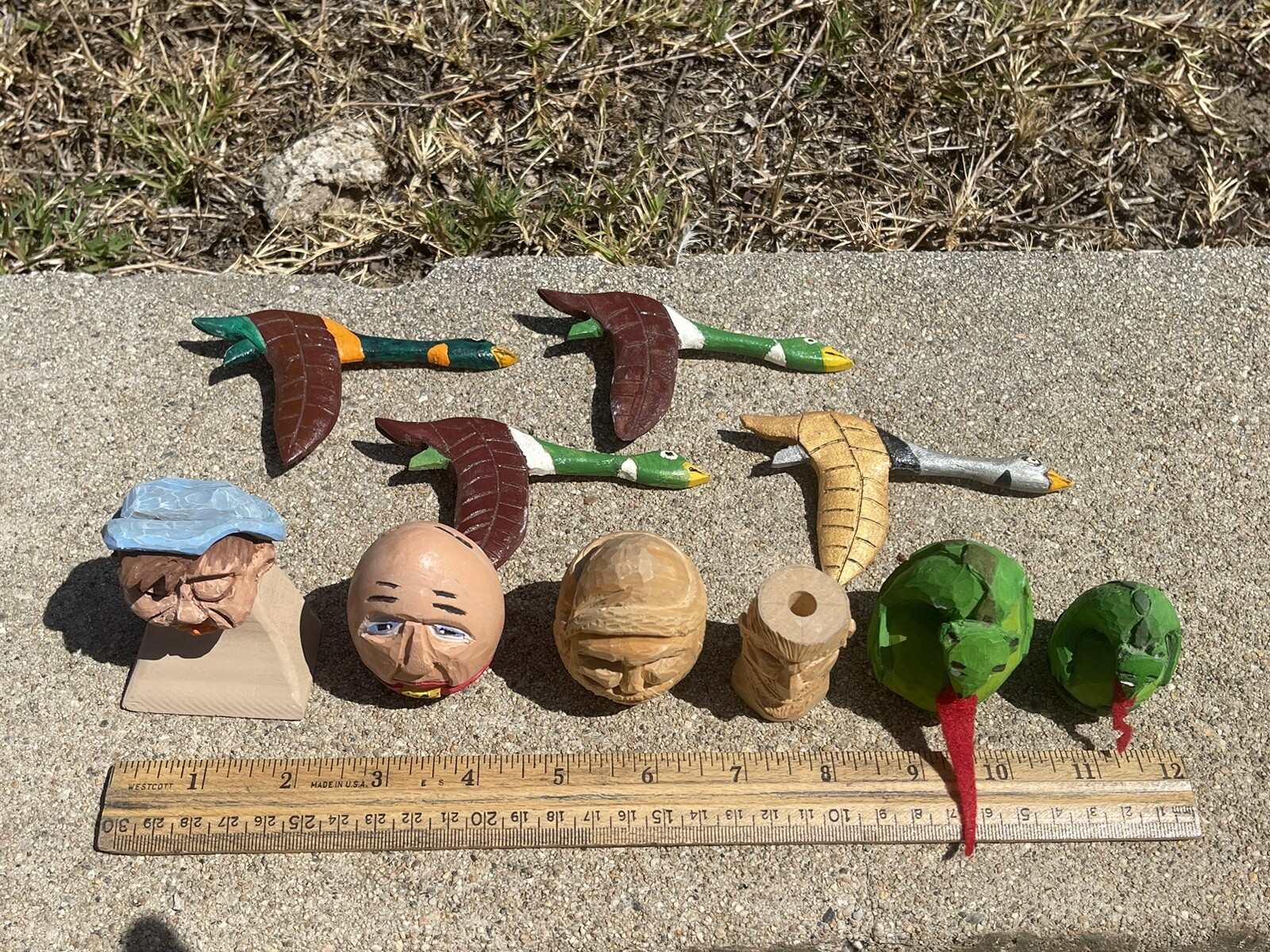 TEN Hand Made Wood Carvings; Rustic Folk Art; Most Signed; BERGEY; Incl Jewelry