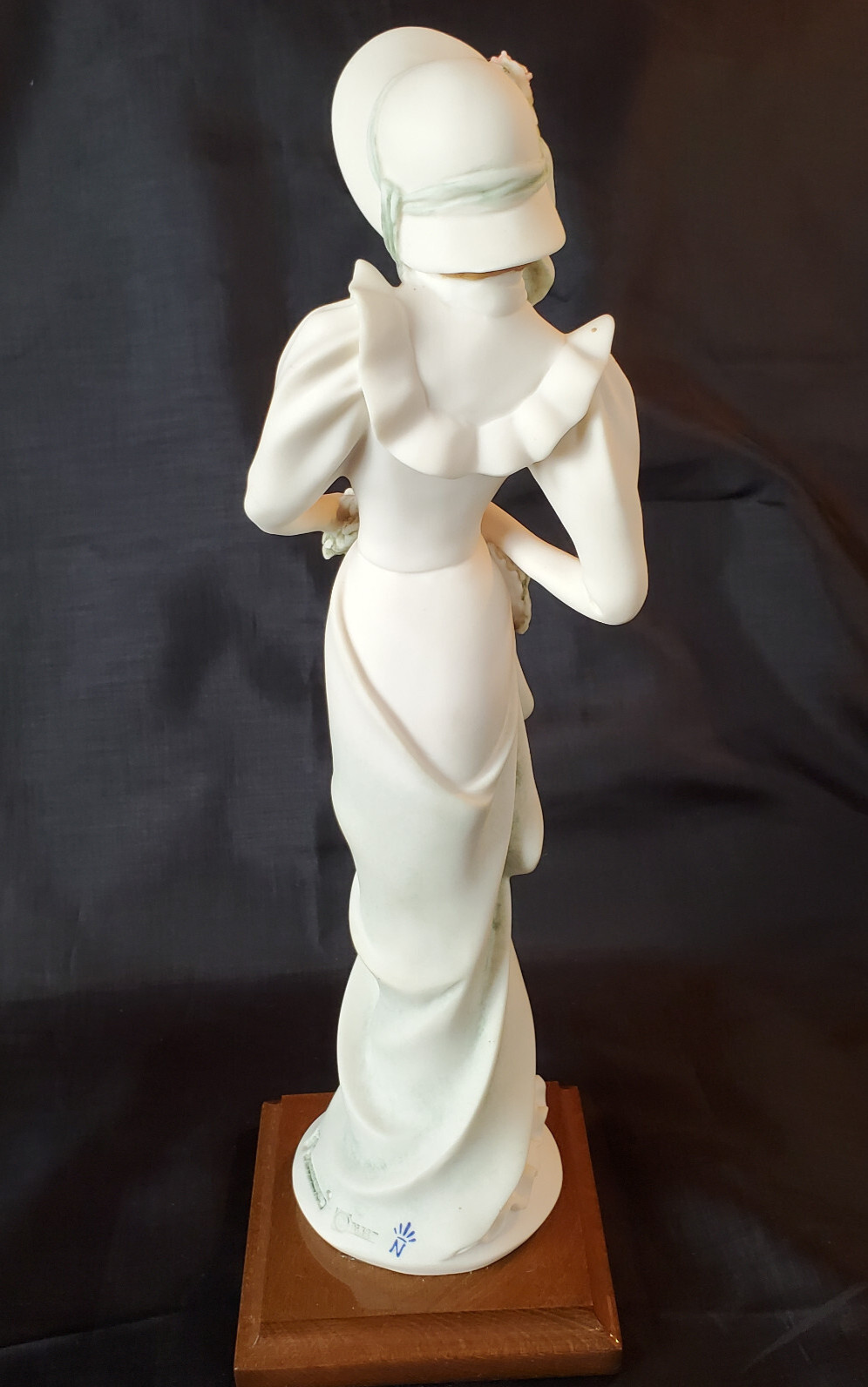 G. Armani Lady Figurine w/Bonnet & Bouquet- on Square Wood Base 13 1/8″H