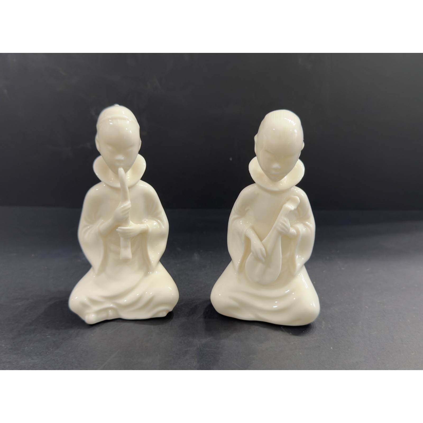 Vintage Porcelain Child Musicians Figurines Set of 2 Flute Lute Ivory Japan