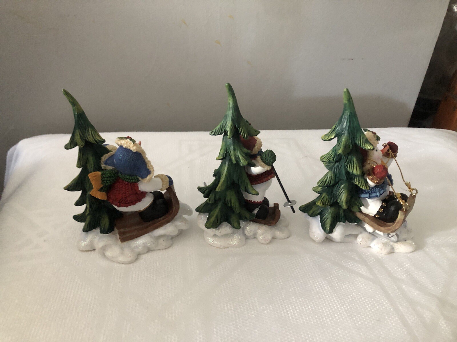 Christmas Decor Home Interiors 3 Piece Snowmen Sledding and Skiing Retired NIB