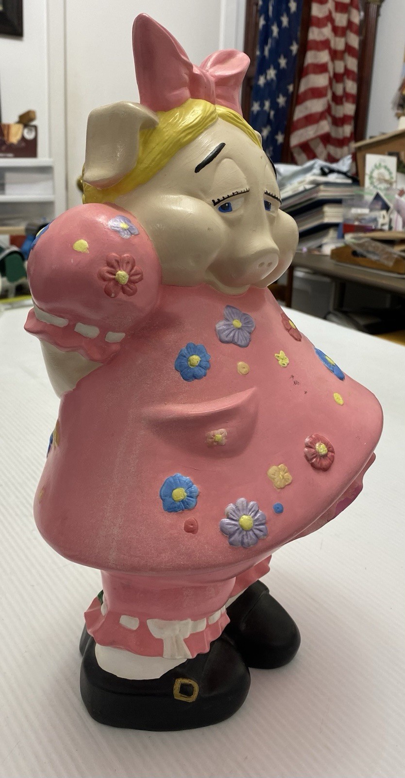 Vintage Extra Large Hand Painted Pink Ceramic Girl Pig With Bow Figure 14″ Tall