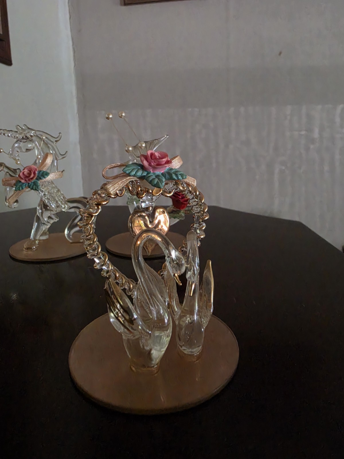 3pc Clear/Pink Glass Animal Figurine Set Unicorn Swan Humming bird on Bases 3D