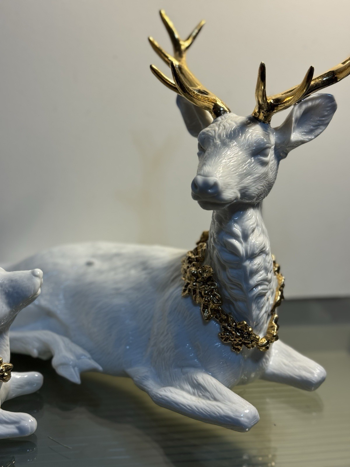 THREE PIECE WHITE PORCELAIN DEER FAMILY GOLD ACCENTS Excellent Condition W/ Box
