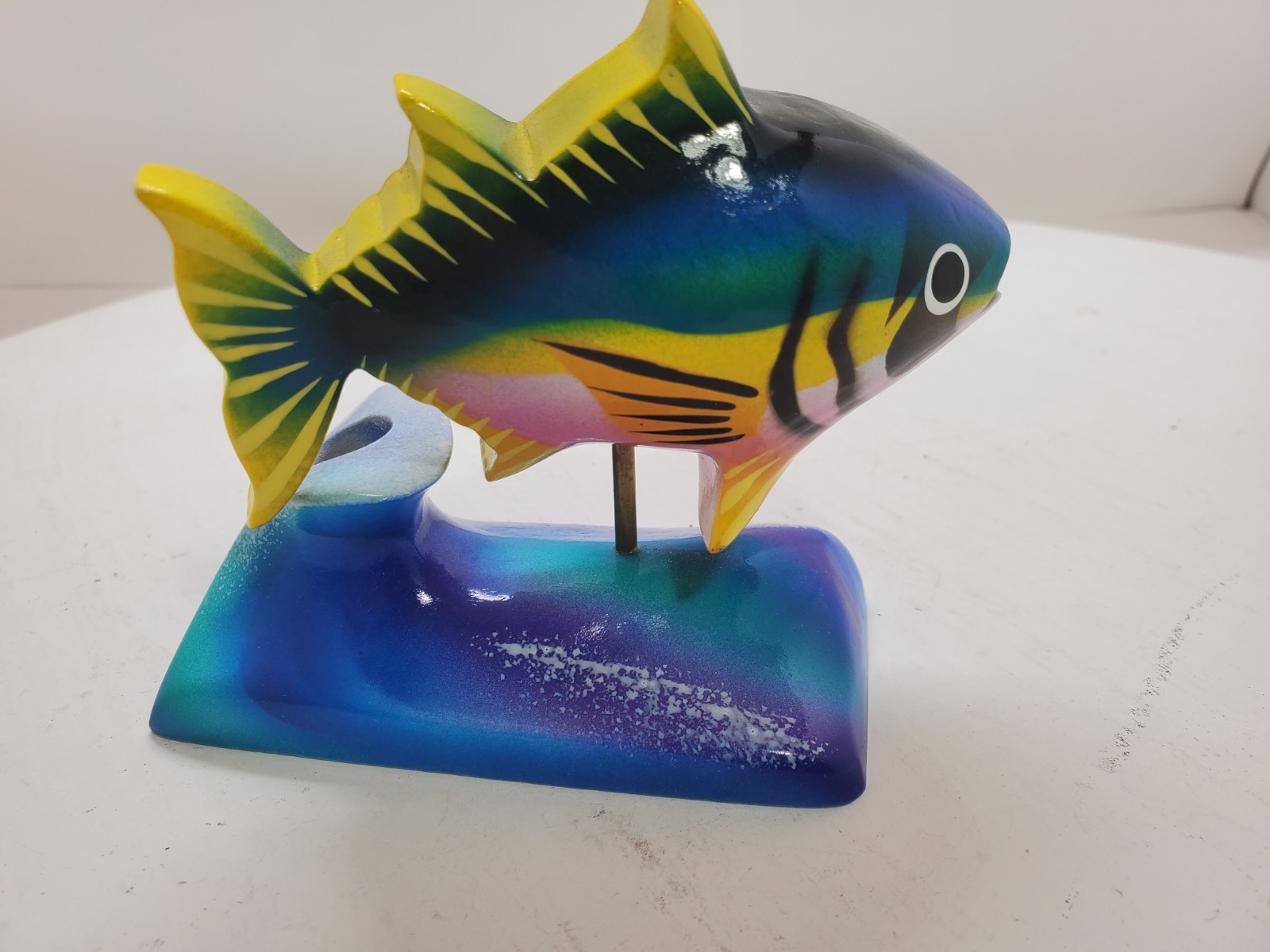 Colorful Philippines Hand Fish Wooden Painted Carved Vtg Pen Holder Art Decor