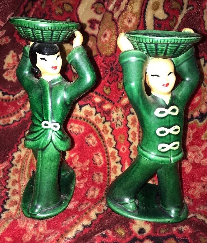 8-3/4” Tall Pair 2 YONA Ceramic Oriental Woman And Man Figurines Green A3