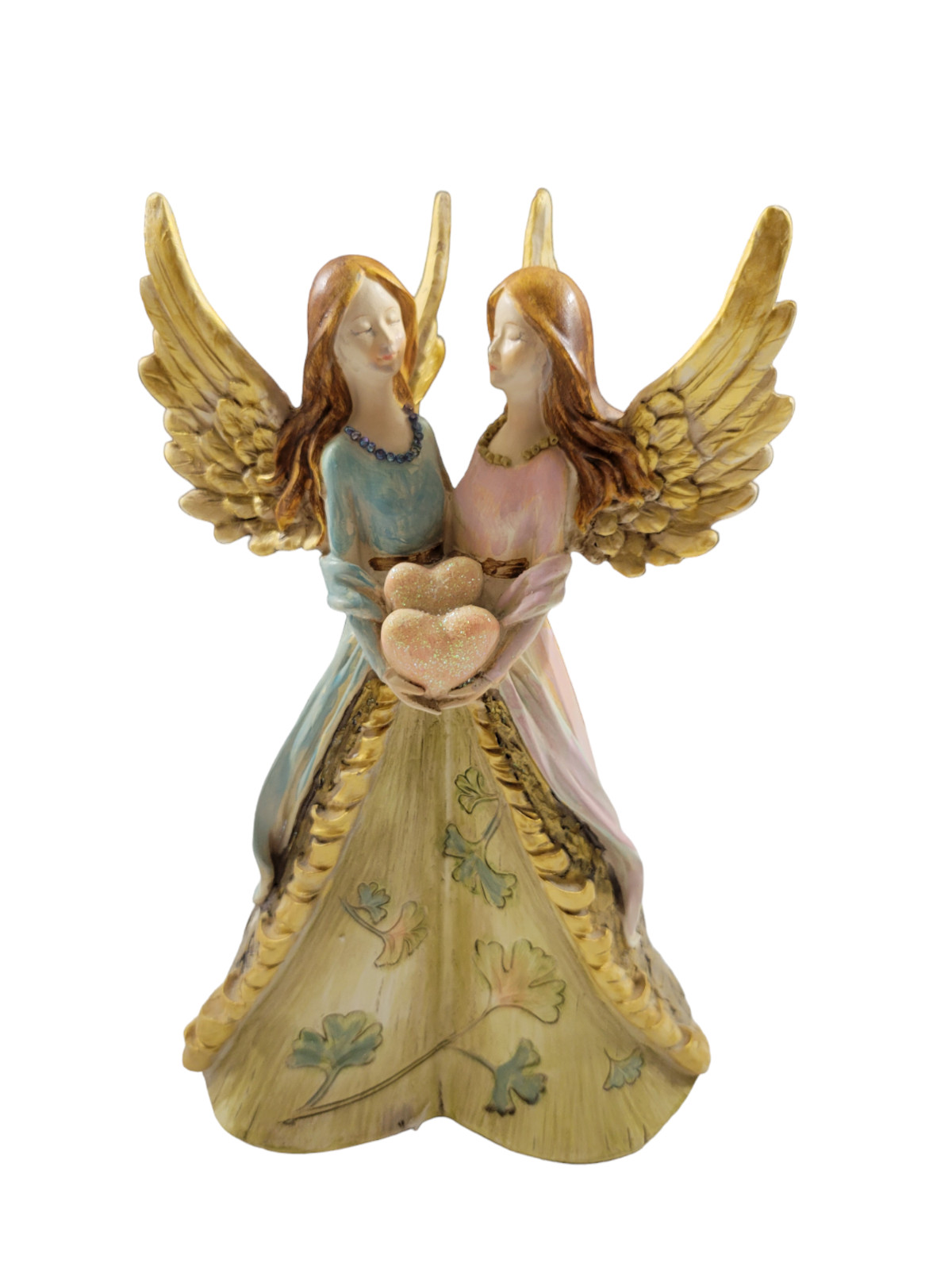 Angel Sisters Holding Two Hearts Sculpted Hand Painted Resin Figurine 10″