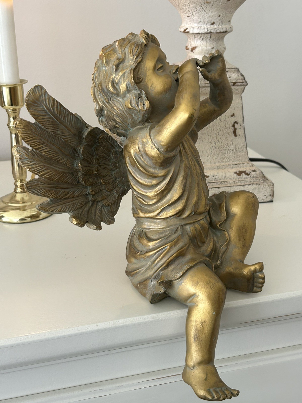 Gold Heavy Resin Trumpeting Sitting Cherub Angel w/Wings Renaissance Sculpture