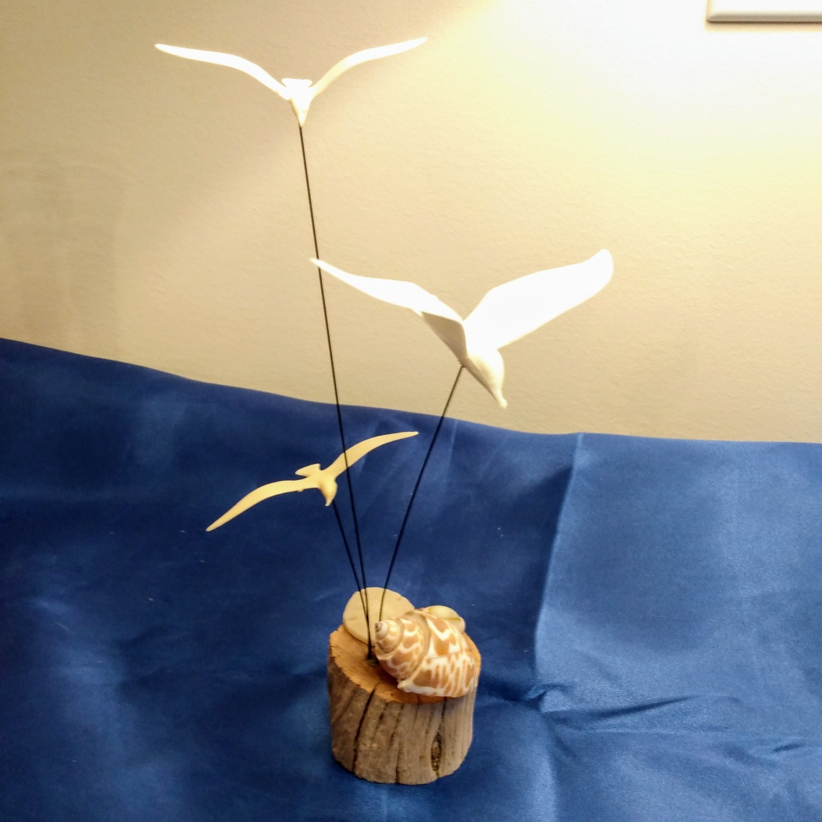 MCM Kinetic Seagull Sculpture 3 Flying Birds on Wire Driftwood 3 Sea Shells