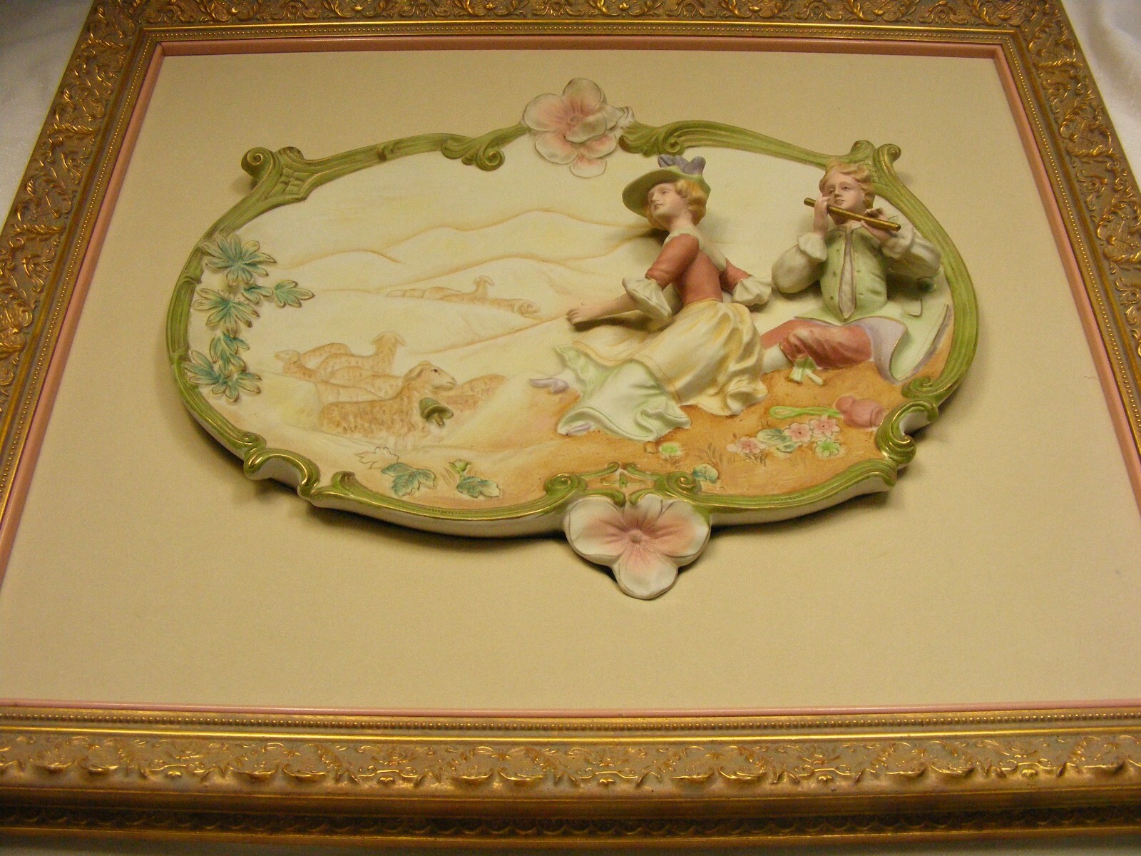 Vintage Porcelain Victorian Couple Wall Art Landscape Scene Playing Sheep Framed