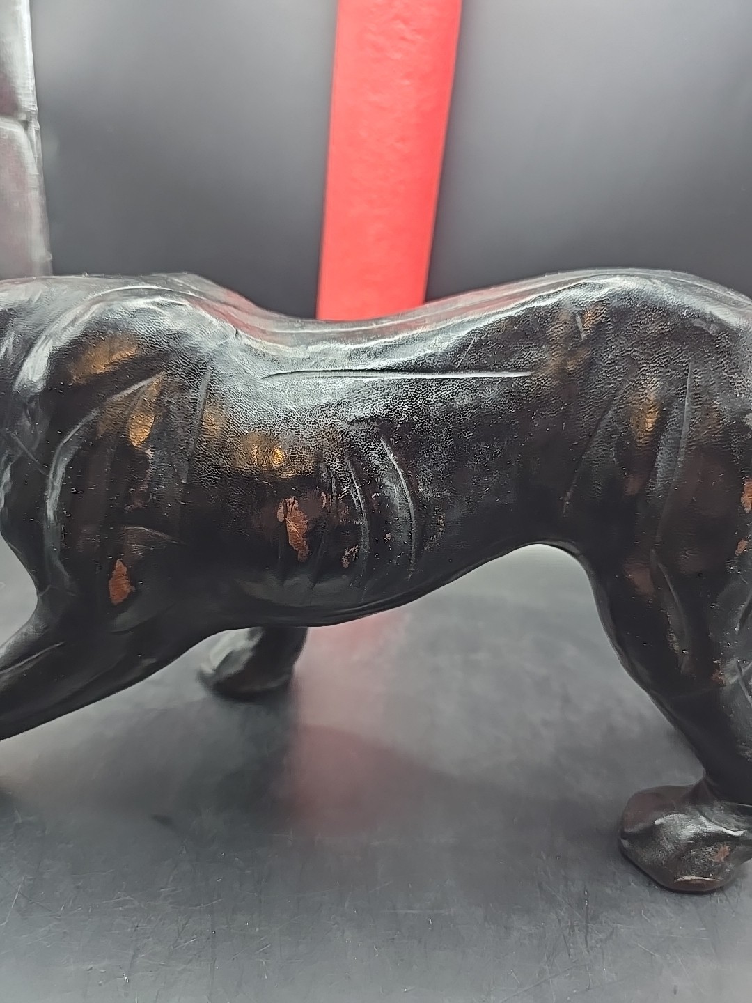 Black Leather Paper mache Panther Jaguar 15″ Glass Eyes Vintage