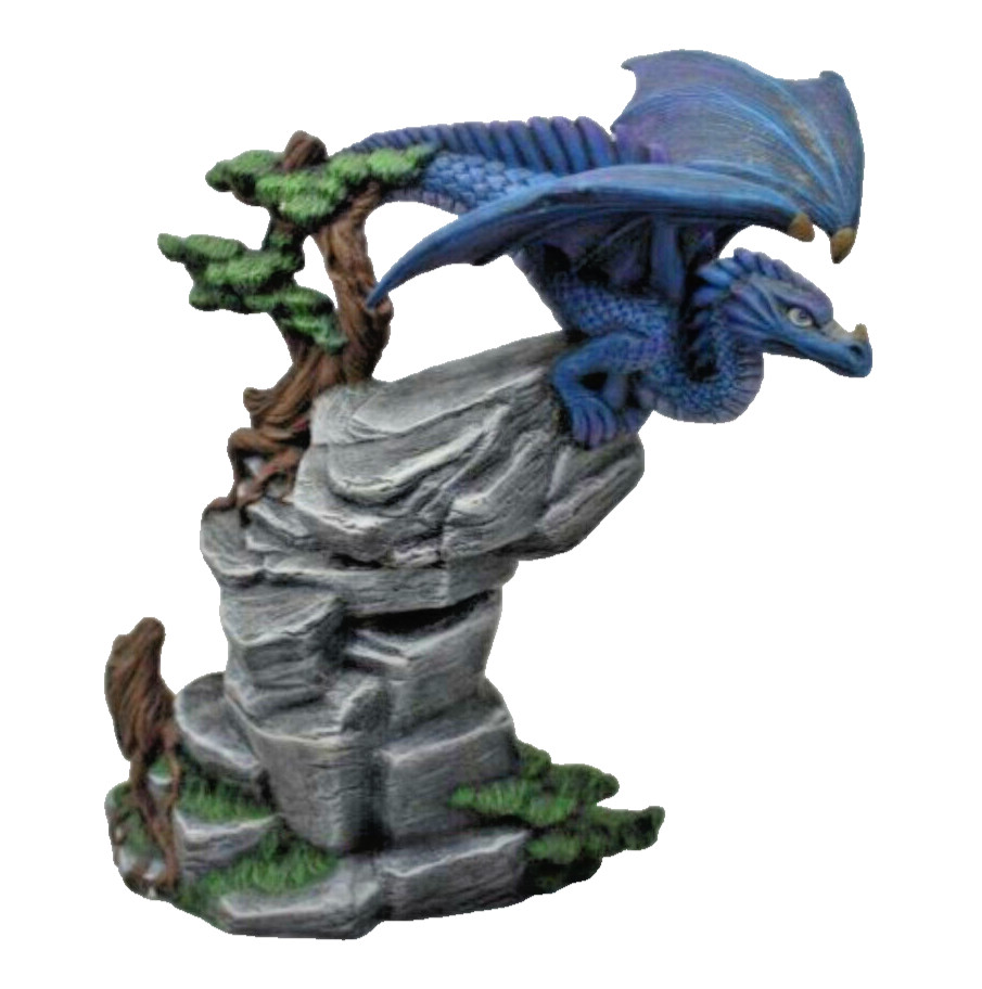 Blue Dragon Figurine Mythology on a Rock Ceramic Medieval Fantasy 10x11x3.5