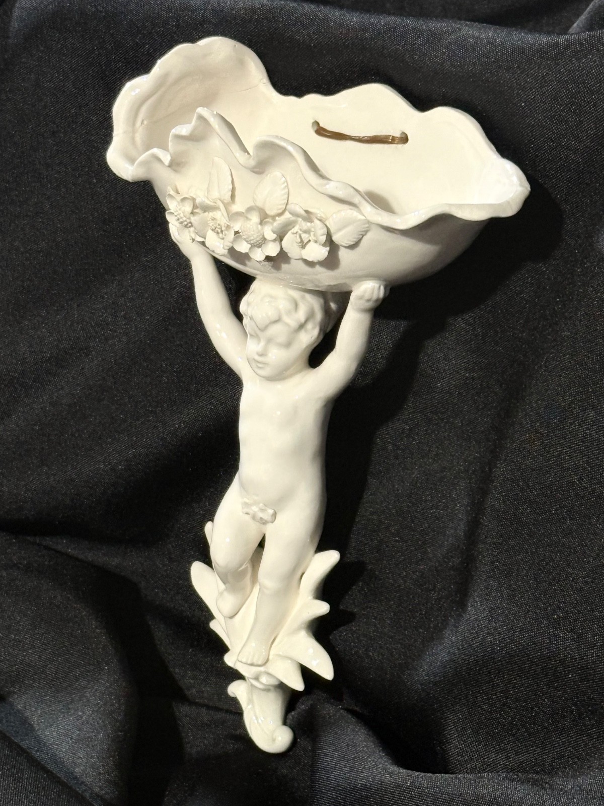 Ardalt White Porcelain Cherub Holding Shell Bowl Wall Pocket Planter 10″