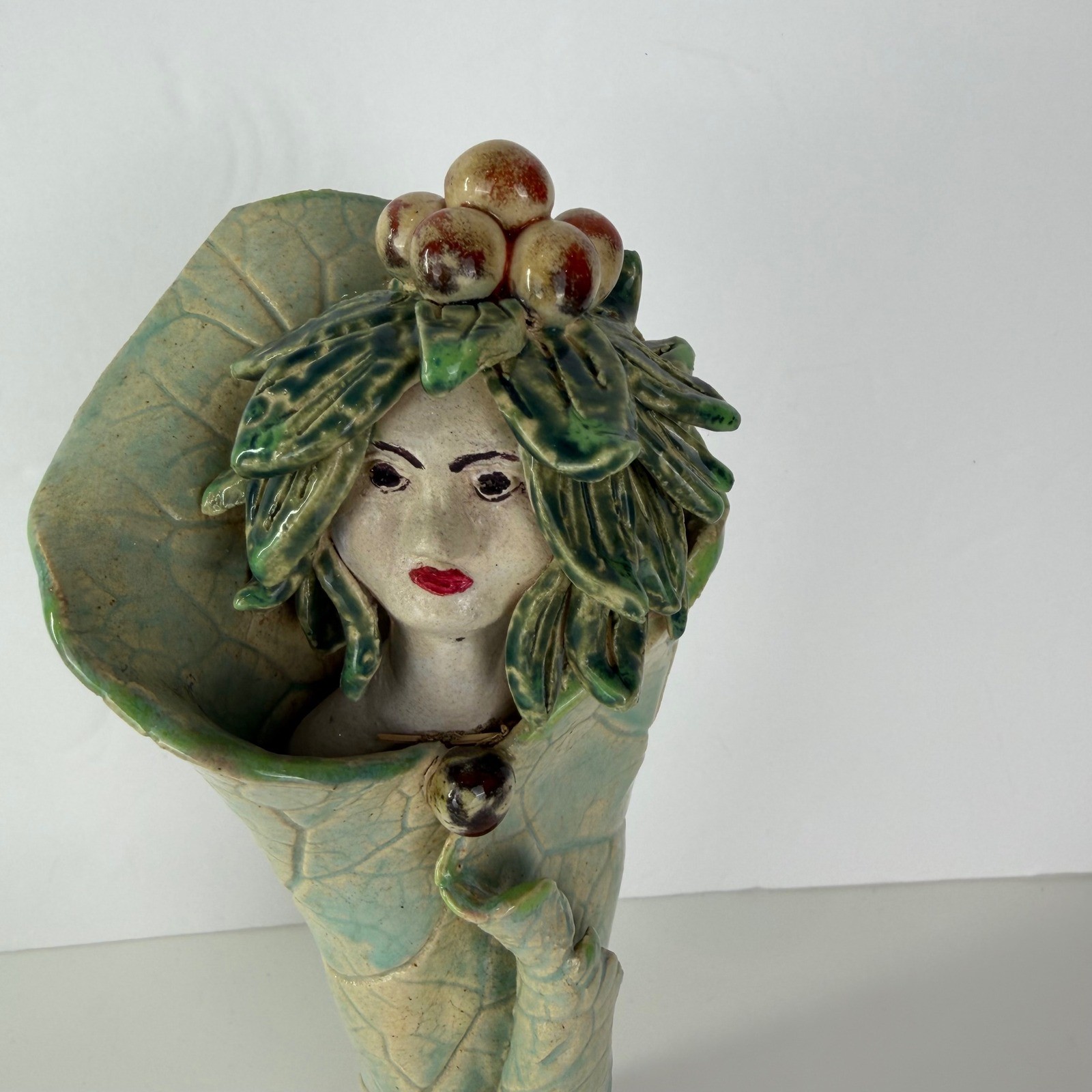 Handmade Ceramic Leaf Woman Figurine Nature Goddess Studio Pottery Sculpture 10″