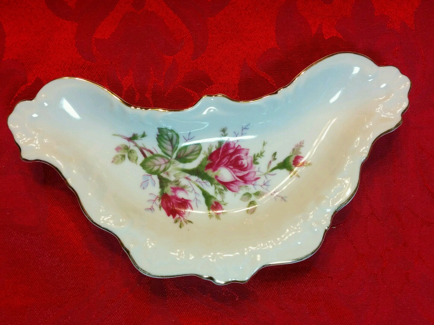 Early Charles Sadek Co. Inc Porcelain Crescent Dish Pink Rose Floral Gold Gilt