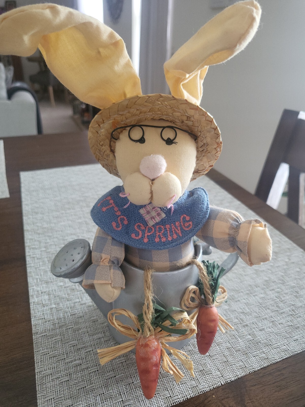 Farmer Easter Bunny In Watering Can 9″Tall Cloth & Resin Happy Spring Easter