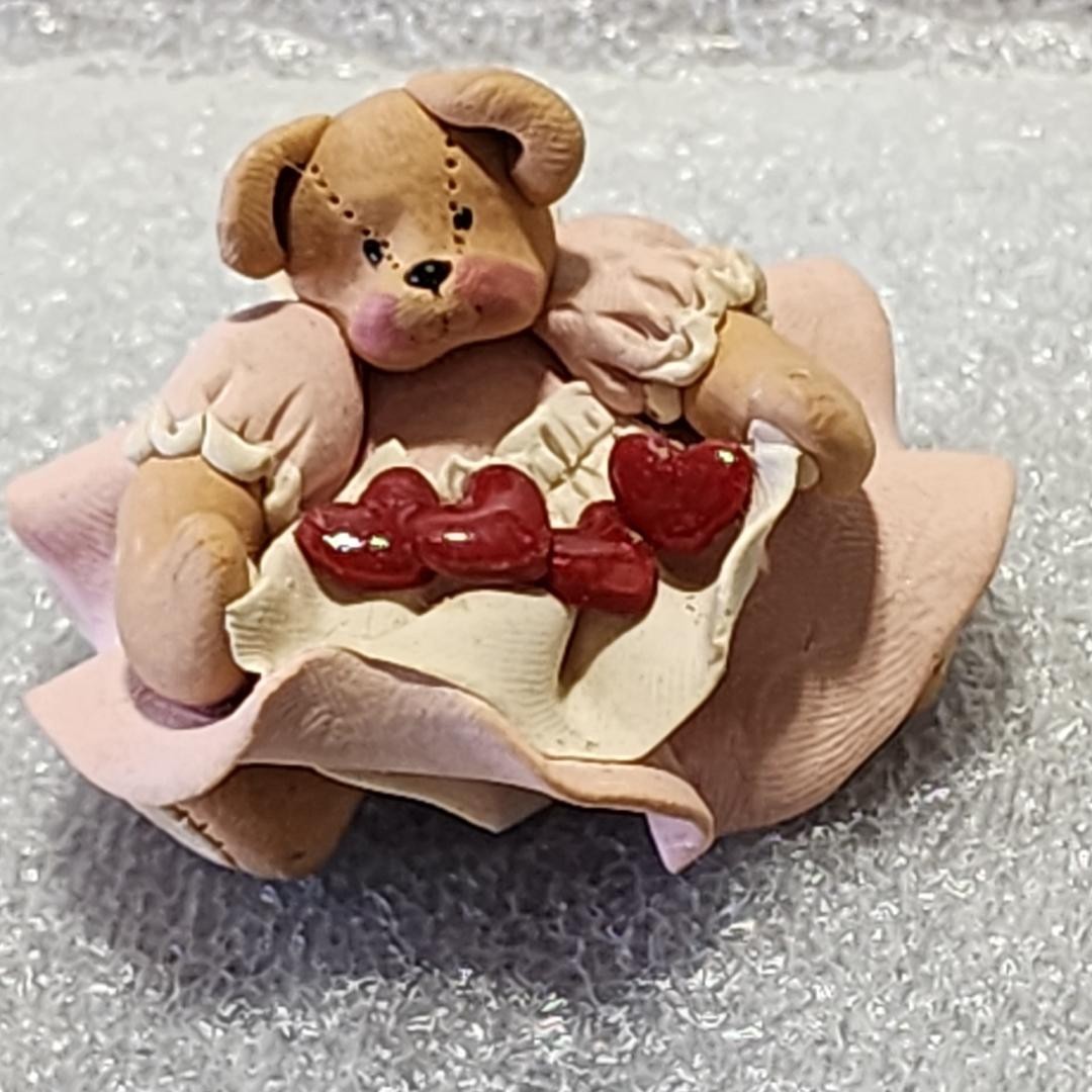 VINTAGE HANDMADE RESIN CLAY MINI TEDDY BEAR WITH HEARTS FIGURINE