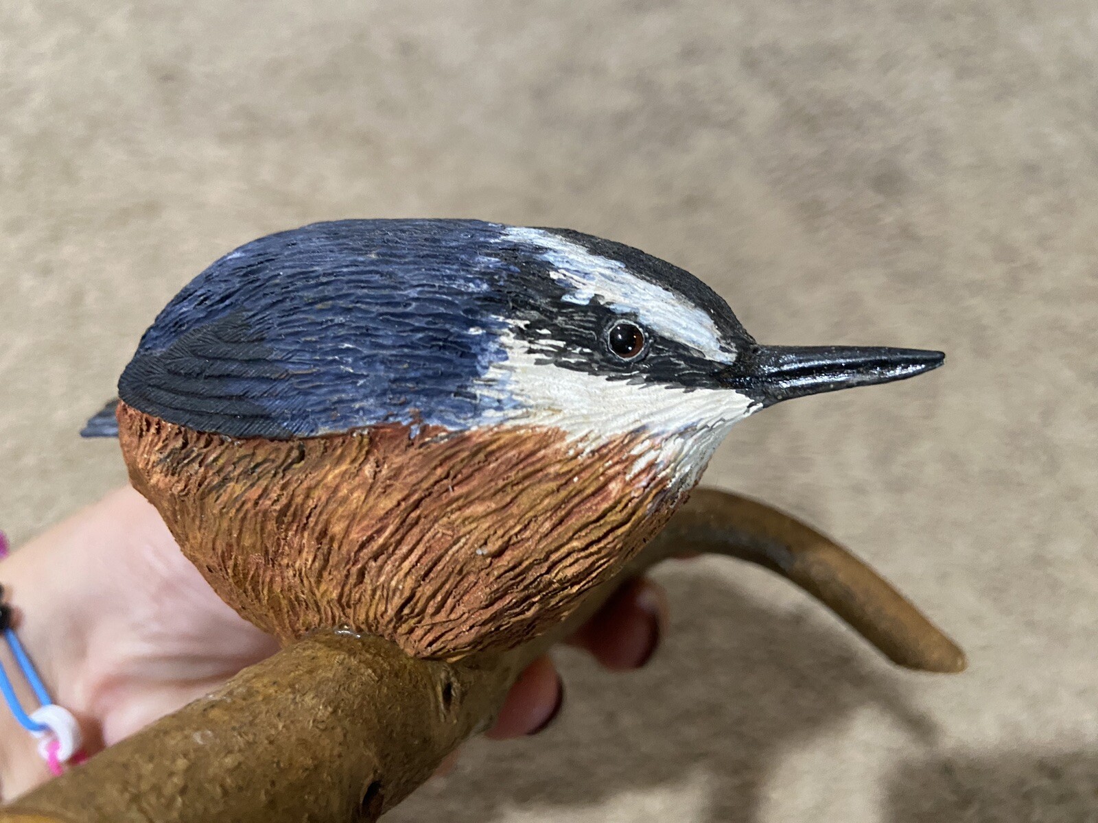 Handmade Red-Breasted Nuthatch Bird on Wood Branch Artist Signed R. Gray 2014 5”