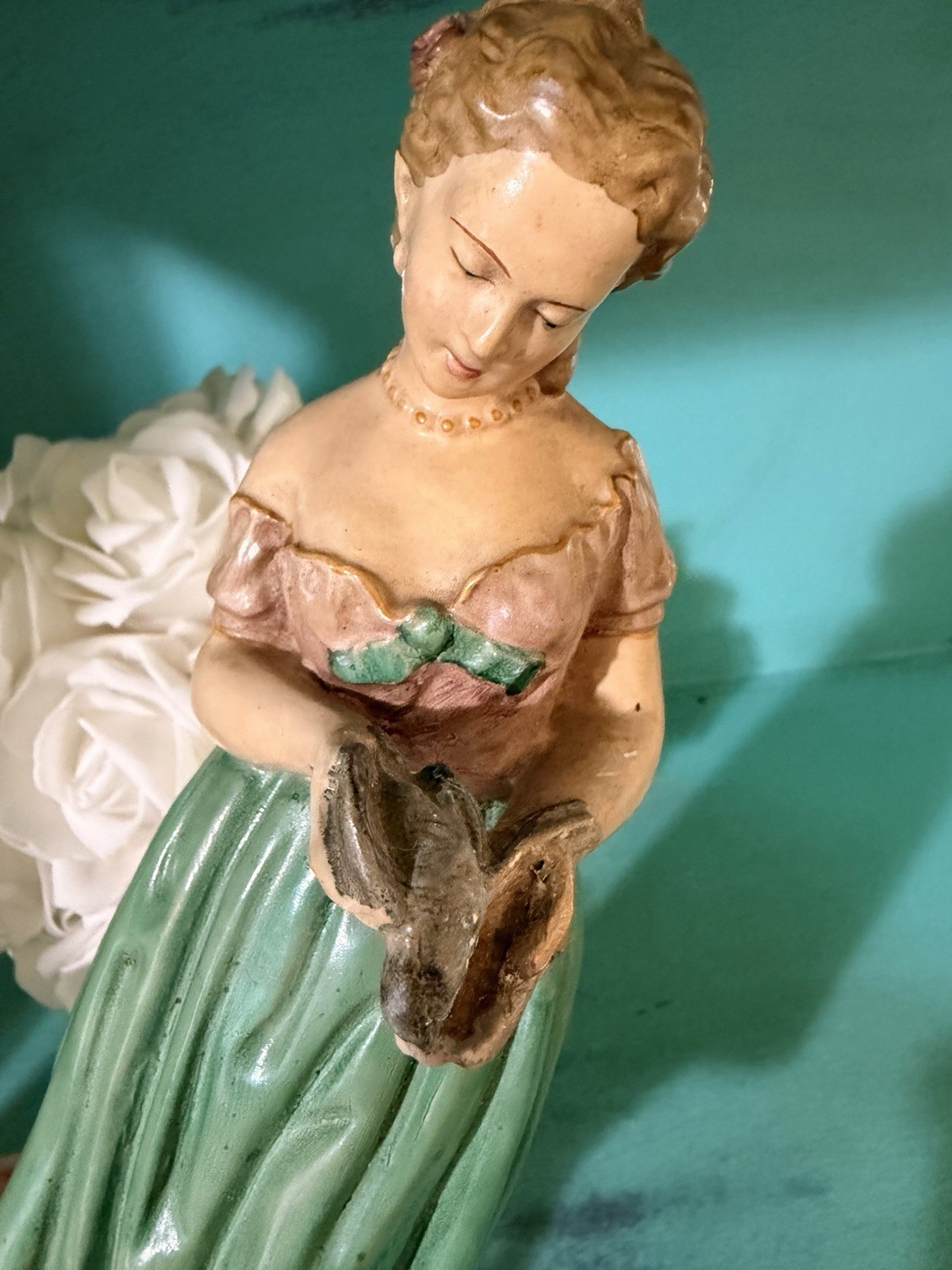 VTG Borghese Handpainted Peasant Girl Holding a Bird Chalkware Figurine 11″ USA