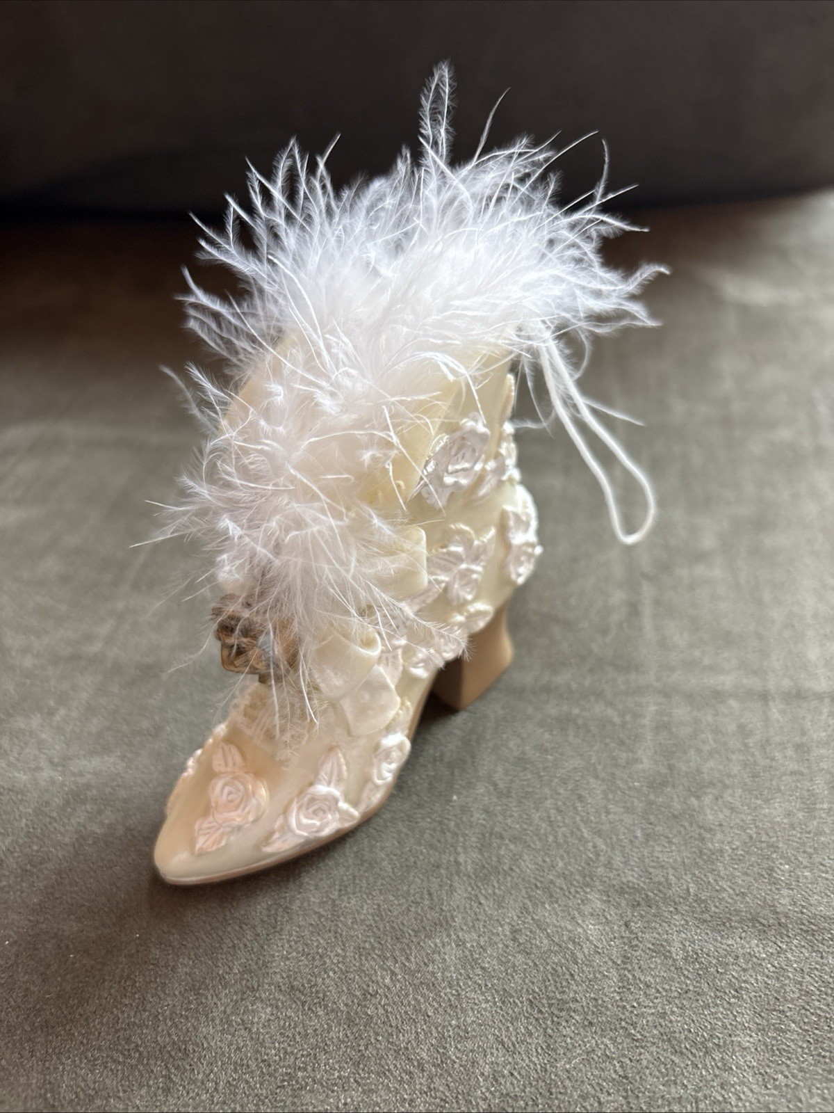 Vintage Porcelain Victorian Shoe Figurine 3” White Rose Floral Feather Trim