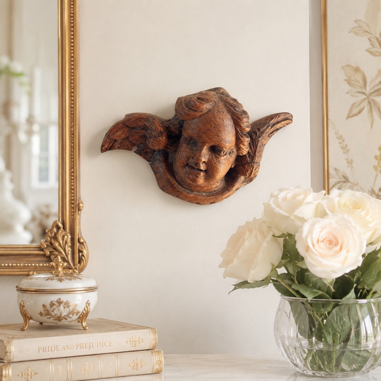 Hand Carved Angel Walnut Burl Cherub Putto Wall Plaque Baroque Style