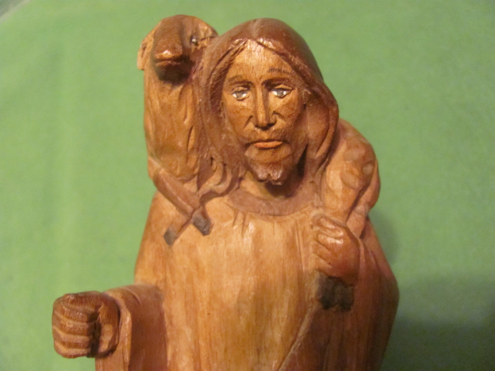 Vintage Hand Carved Wood Figurine of Jesus Carrying Baby Lamb, 12″ Tall.