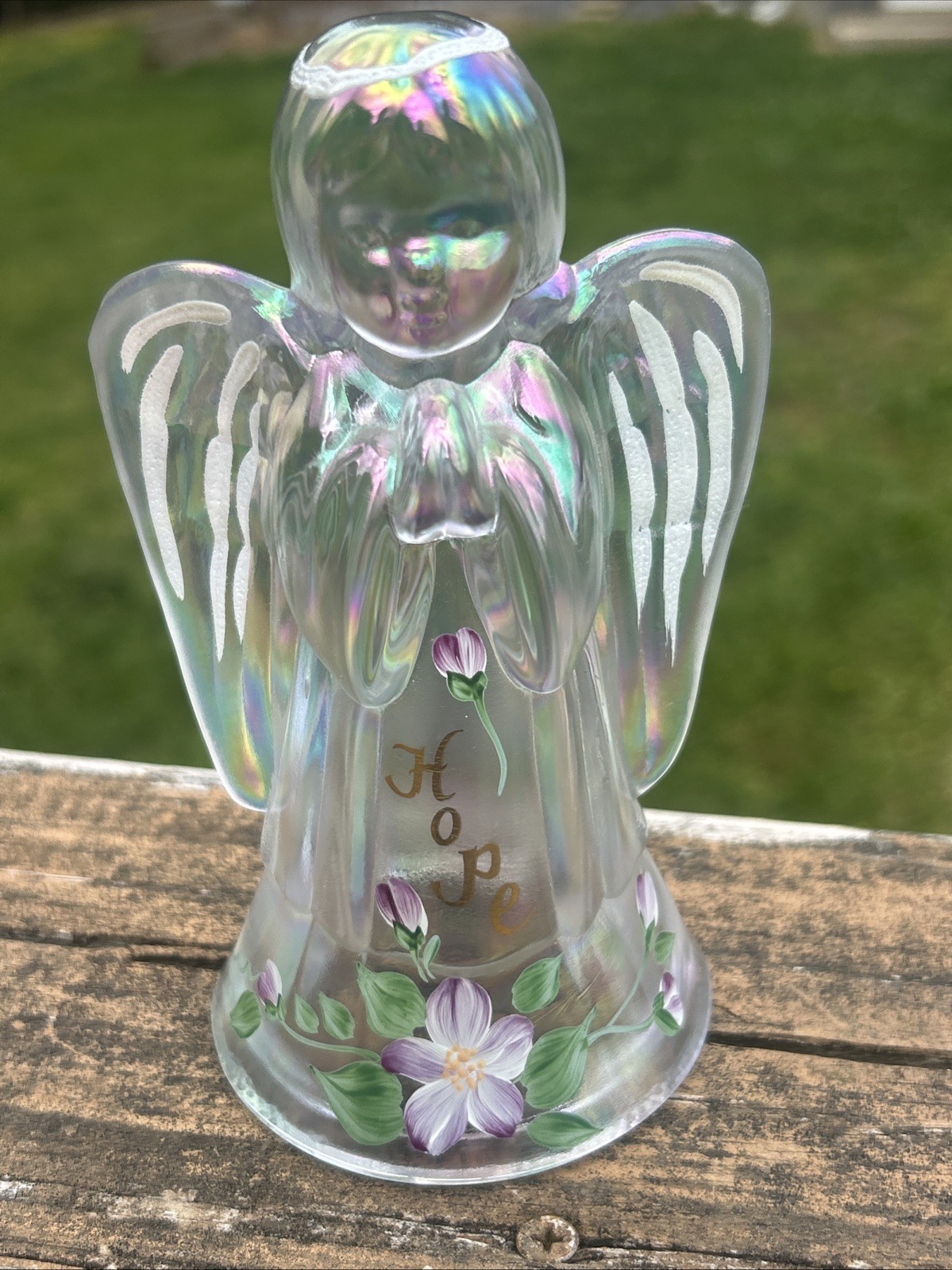 FENTON Art Glass Angel Iridescent HOPE Hand Painted Flowers SIGNED Williams VTG