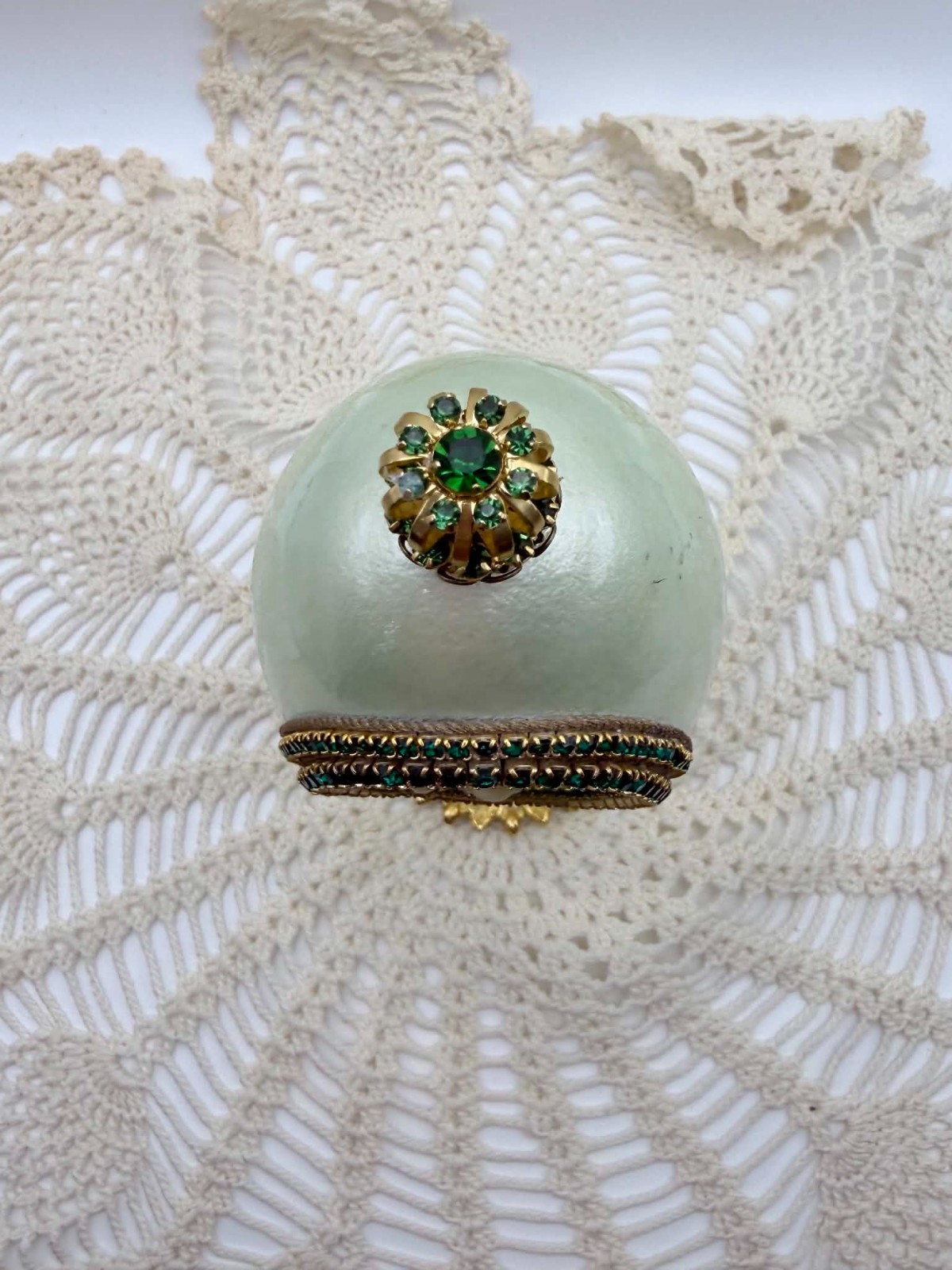 Decorative Egg Ornament Green Rose Gold Tone Stand Jeweled Victorian Decor