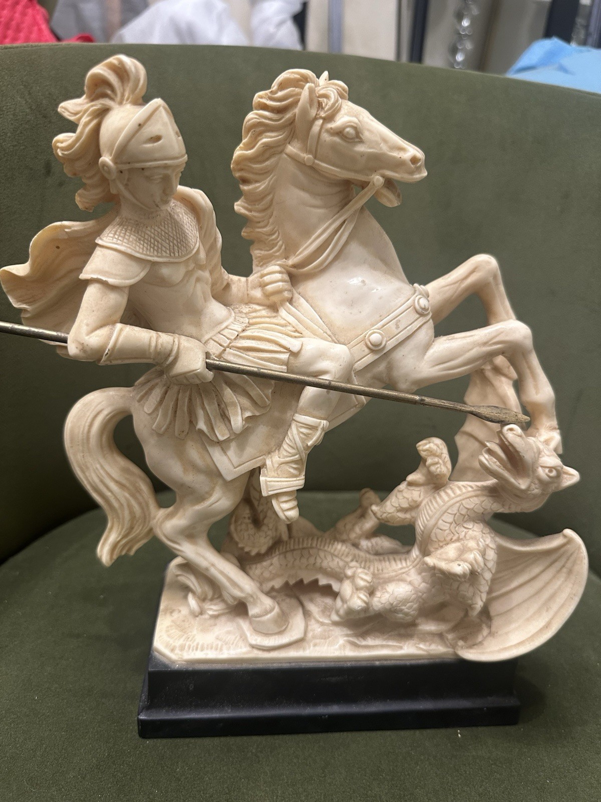 Beige Resin Medieval Knight on Horseback Slaying Dragon Figurine, Matte 3D