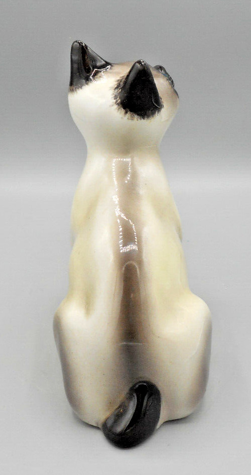 Vintage Pottery Siamese Cat Ceramic Blue Glass Eyes Brown Beige Italy 7″ Tall