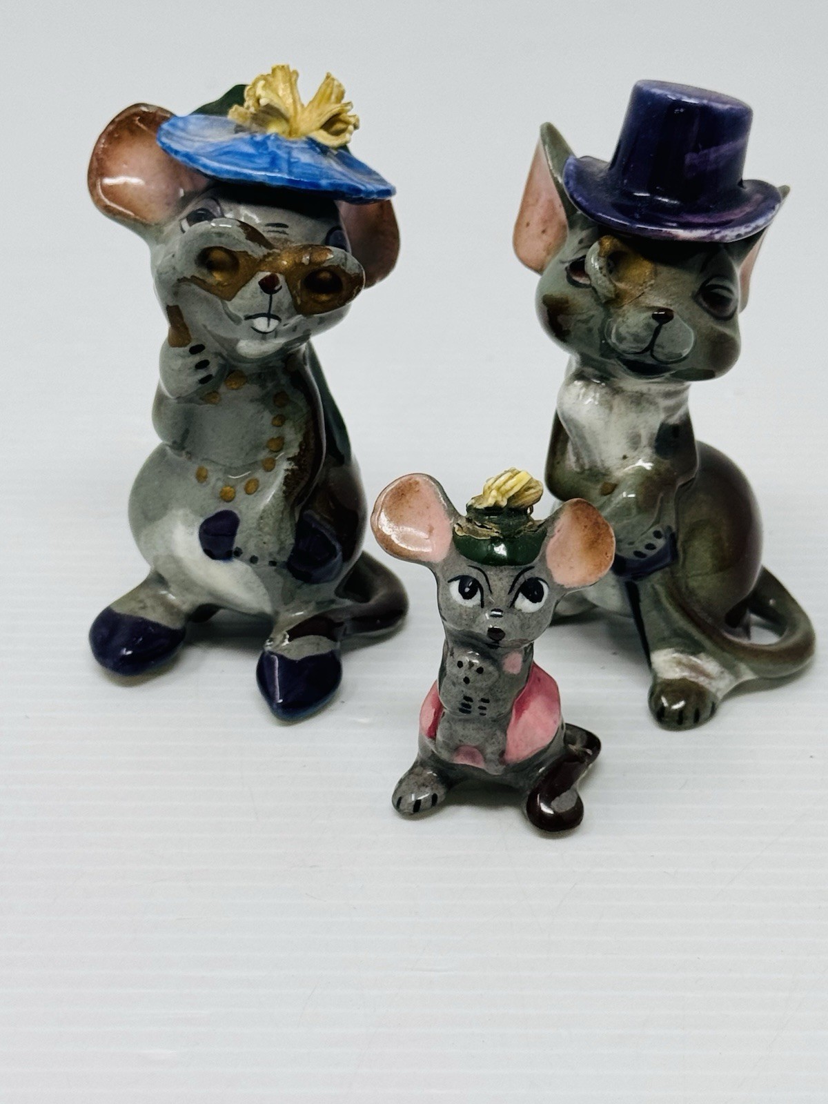 Family of 3 Porcelain Mice Mouse Figurines in Their Sunday Best Made in Japan