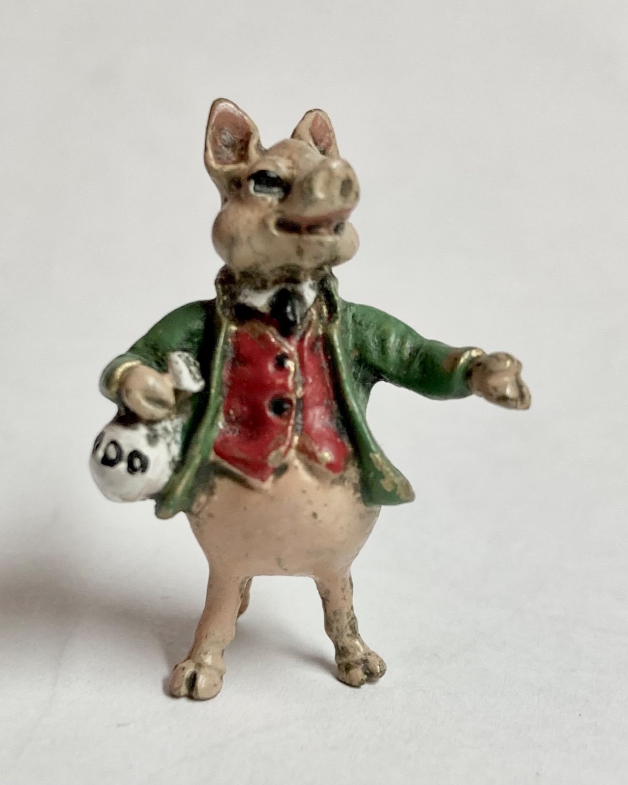 Vienna bronze miniature figure of Pigling Bland with bag of money, Fritz Bermann