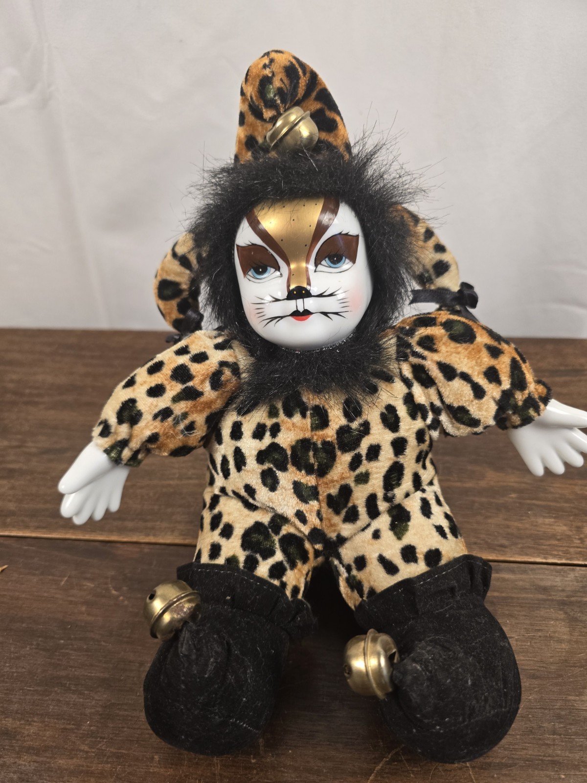 VTG 1970’s Sitting On Shelf Animal Print Porcelain Harlequin Juster Clown Doll