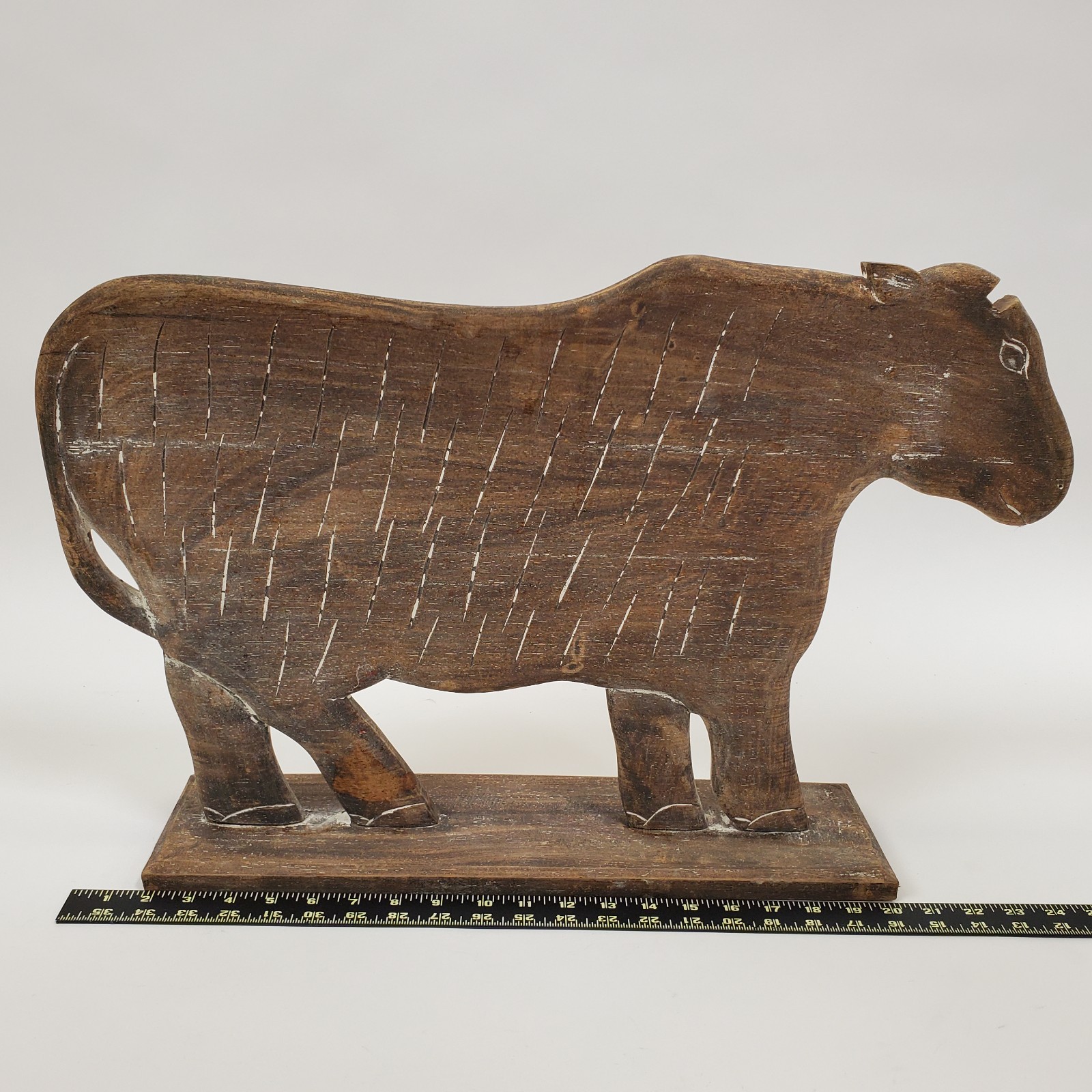 Rustic Folk Art Wooden Cow Sculpture Carved Farm Decor Primitive Statue 24in