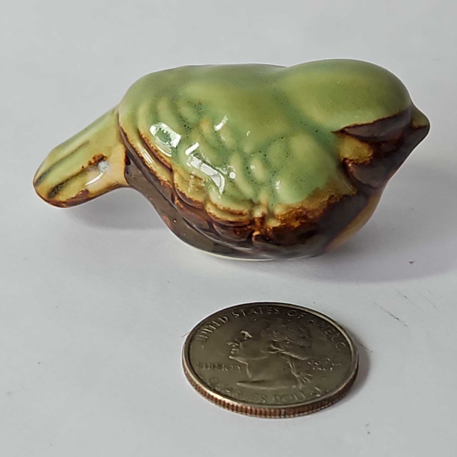 Set of 3 Ceramic Sparrow Bird Miniature Figurine Brown Green Glazed Pottery