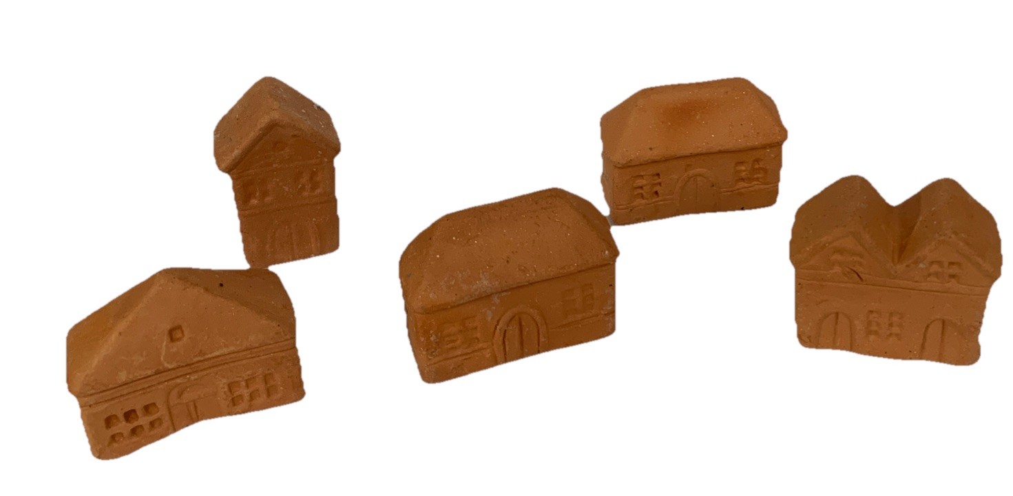 5 Mini 3D Clay Terra Cotta Houses Village Rustic Primitive Craft Holiday Decor