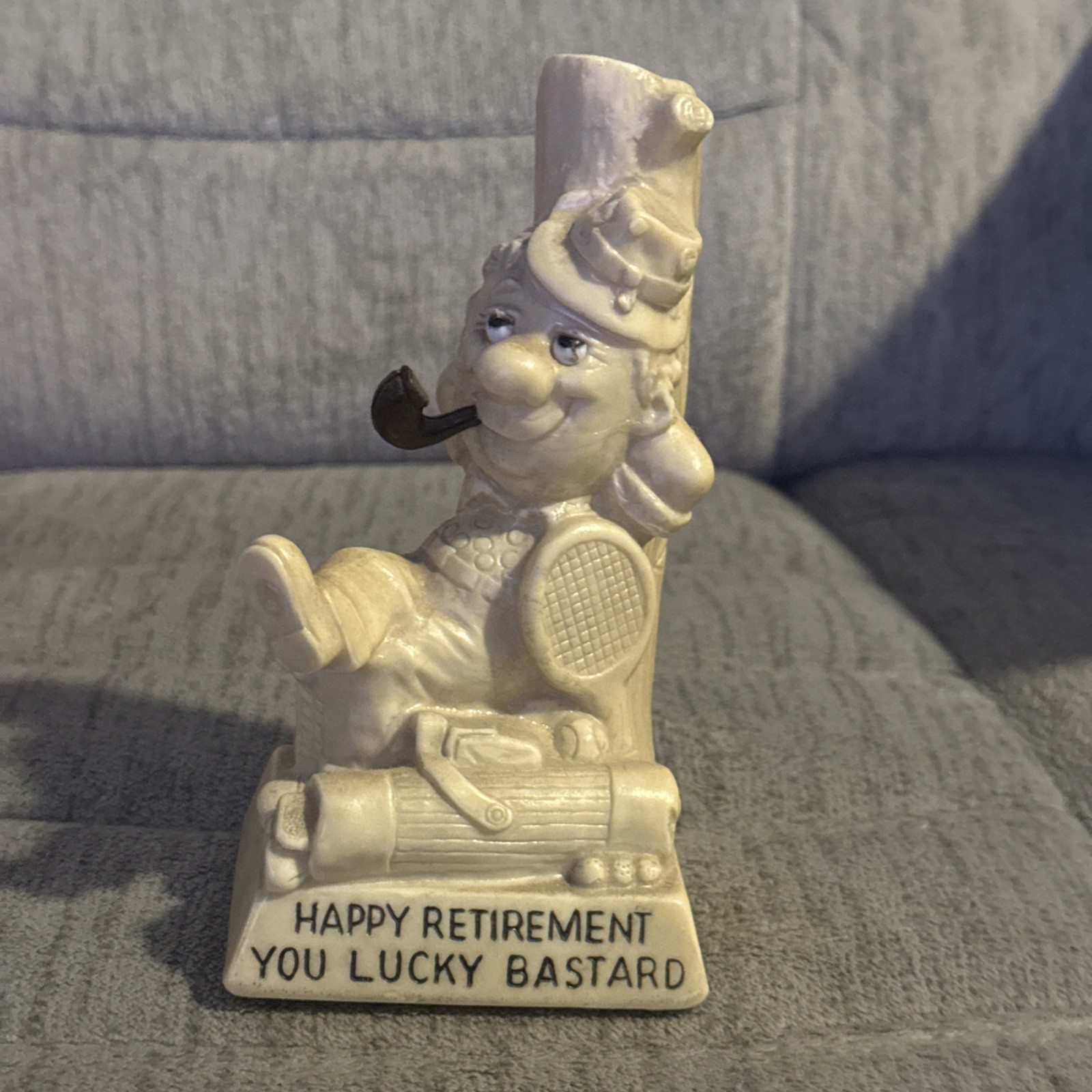 Vintage ’71 W&R Berries Figurine “Happy Retirement You Lucky B” Golf Tennis Fish