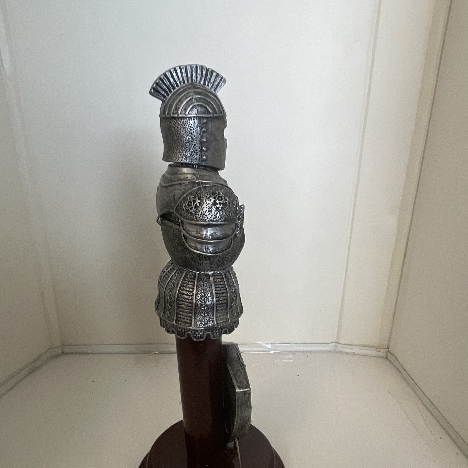 Medieval Knight Armor Figurine, Silver Tone, Wooden Base, Sword & Shield