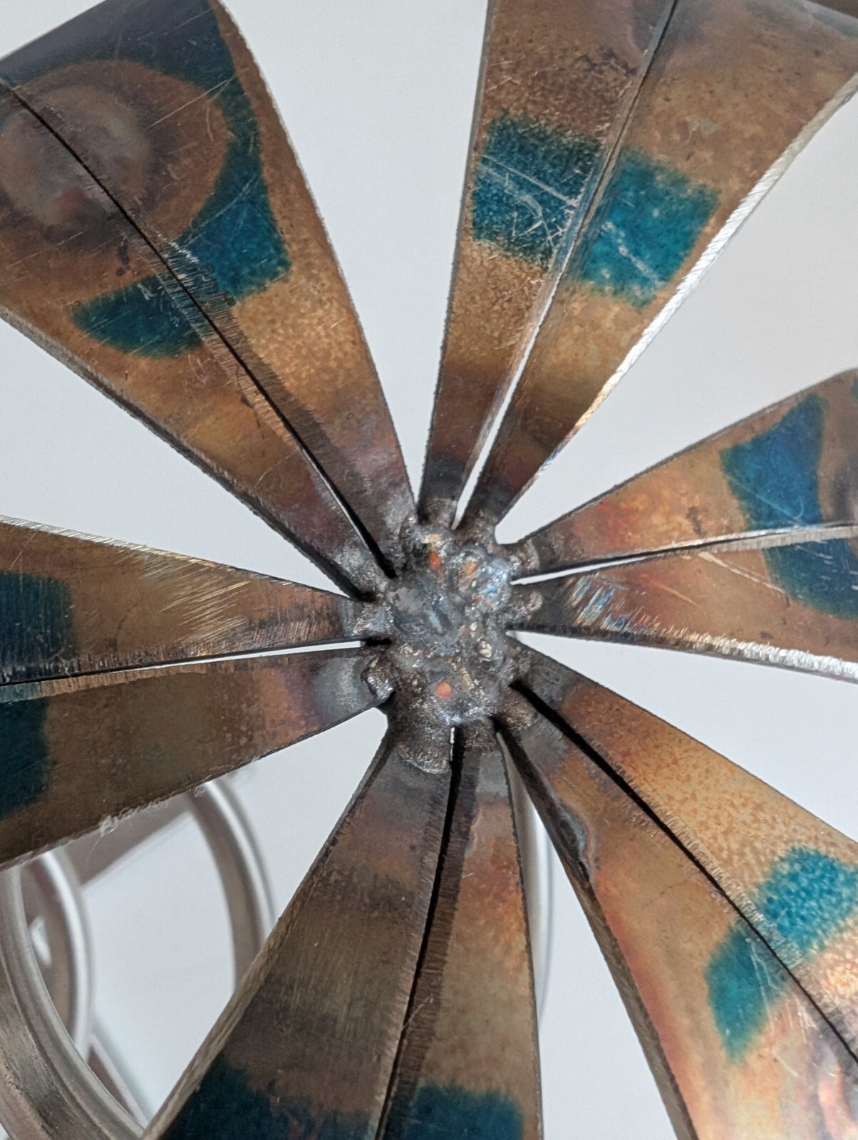 Brutalist flower sculpture recycled art blue silver tone metal tree unique