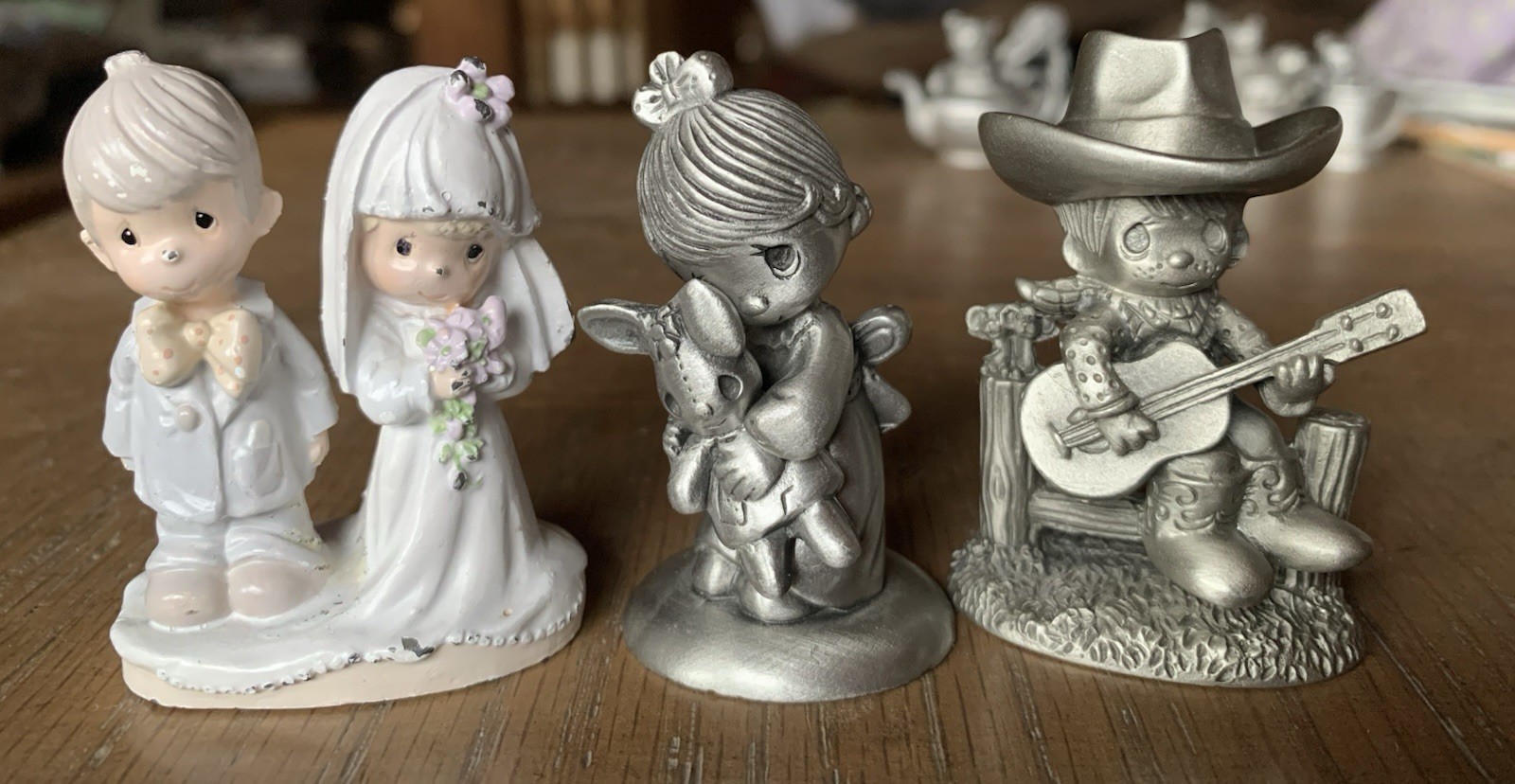 3 Pewter Miniature Precious Moments Lot Cowboy 1996 Girl Bunny 1982 Wedding 1990