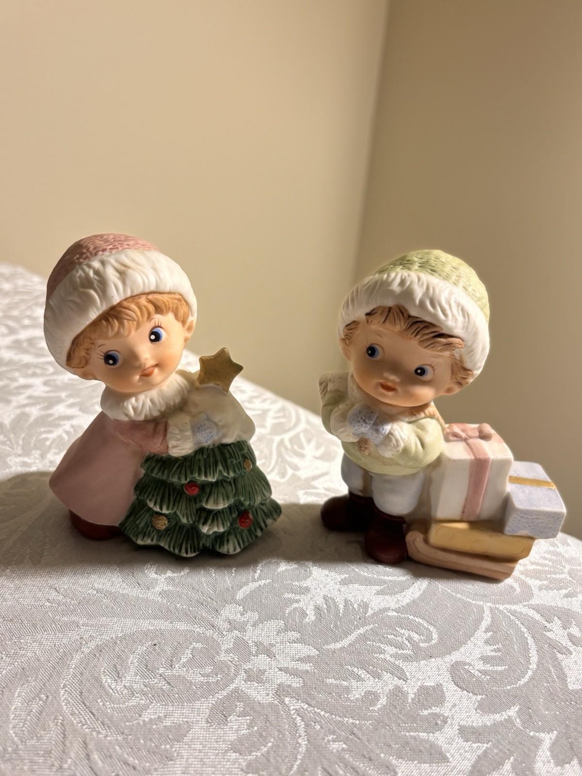 Vintage 1990s Homco Christmas 5556 Porcelain Christmas Boy & Girl Figurines