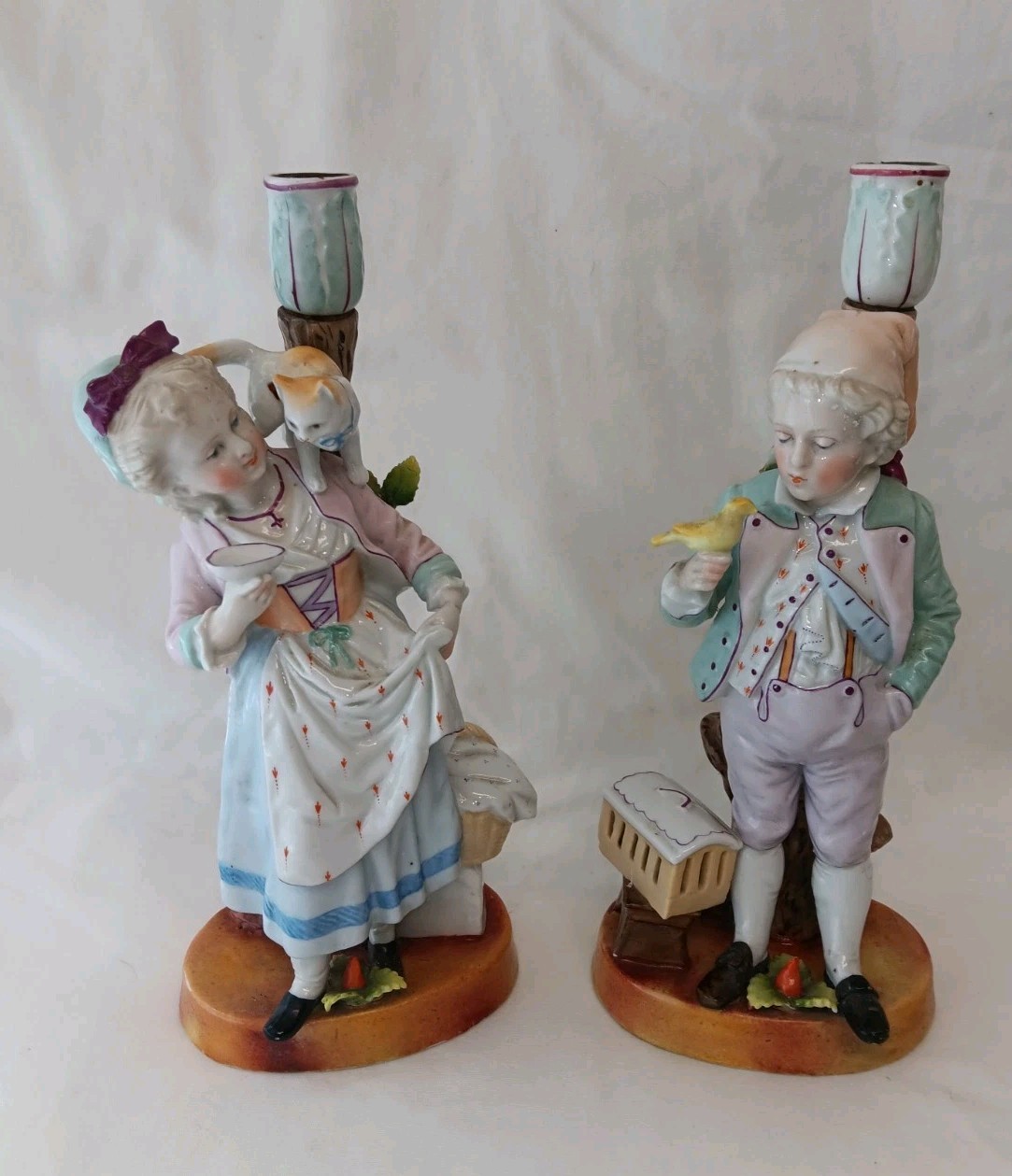 Rare Old Paris 19th Century French Meissen Style Figural Candlesticks Cat Bird