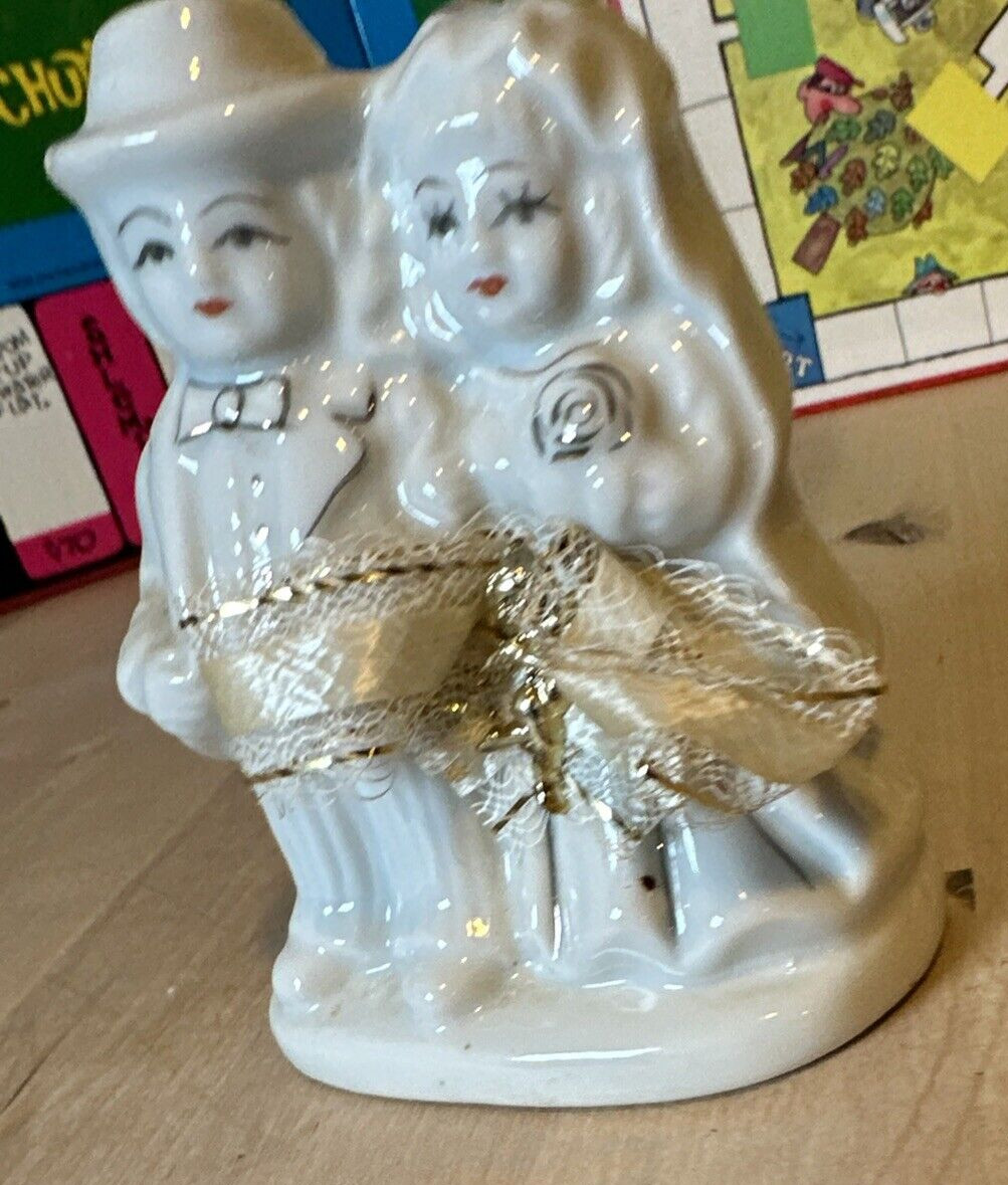 Antique Wedding Cake Topper, Bride & Groom Porcelain Figurine w Ribbon