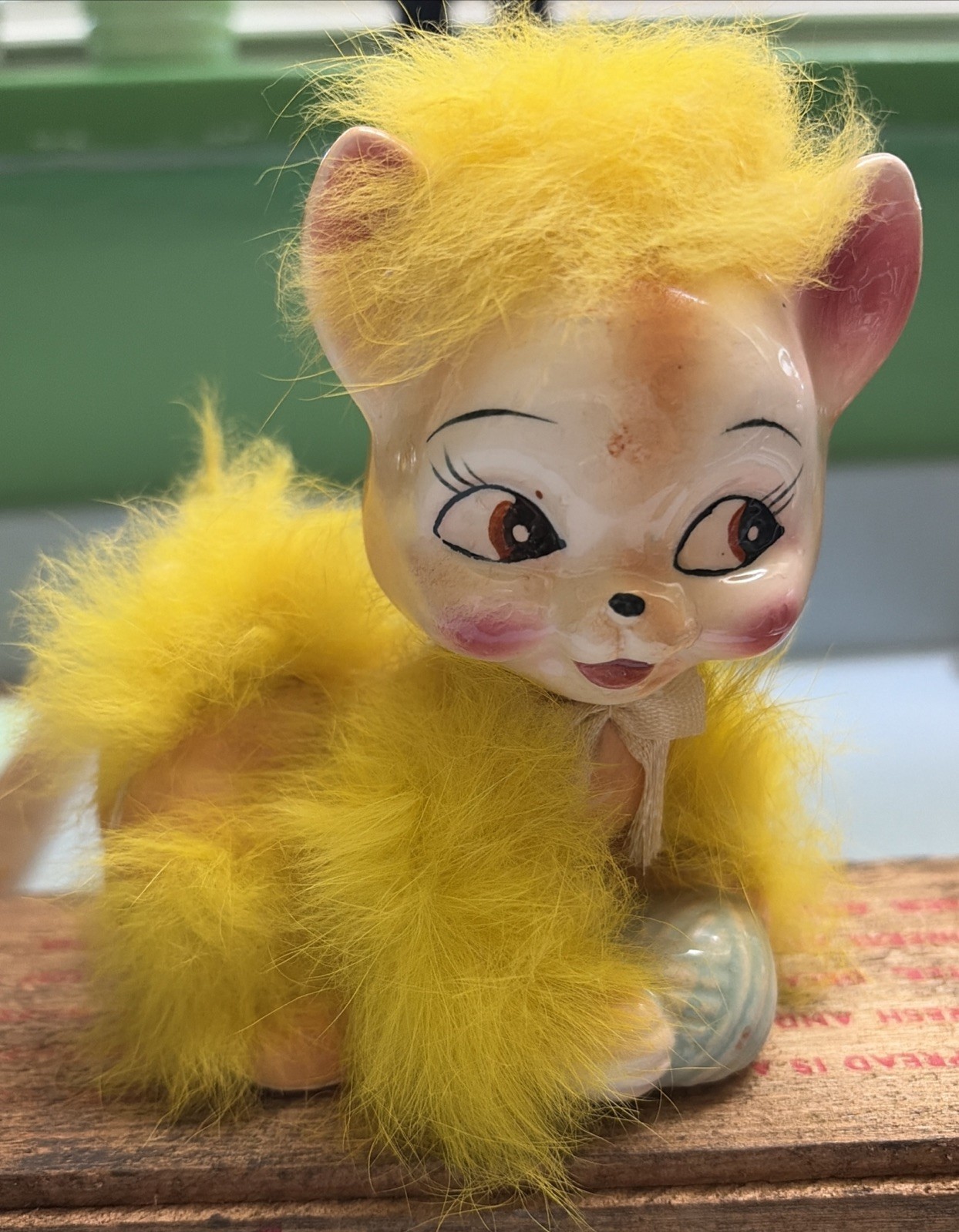 Vintage MCM Kitsch Cat Figurine w/ Yellow Fur Anthropomorphic Kitschy Japan Pet