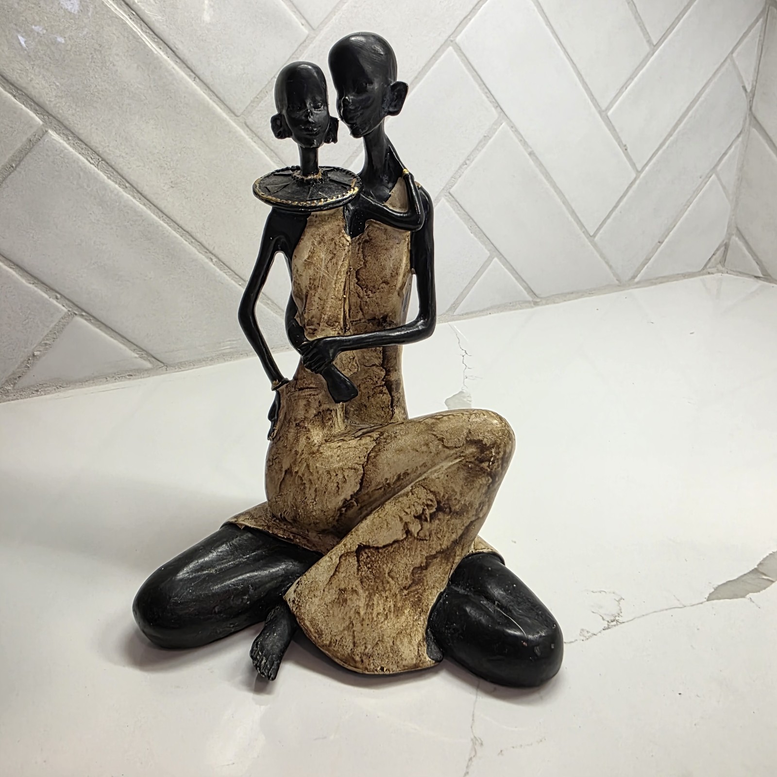 Decorative Resin African Family Sculpture with Gold Trim Garments, 6 3/4″ Tall