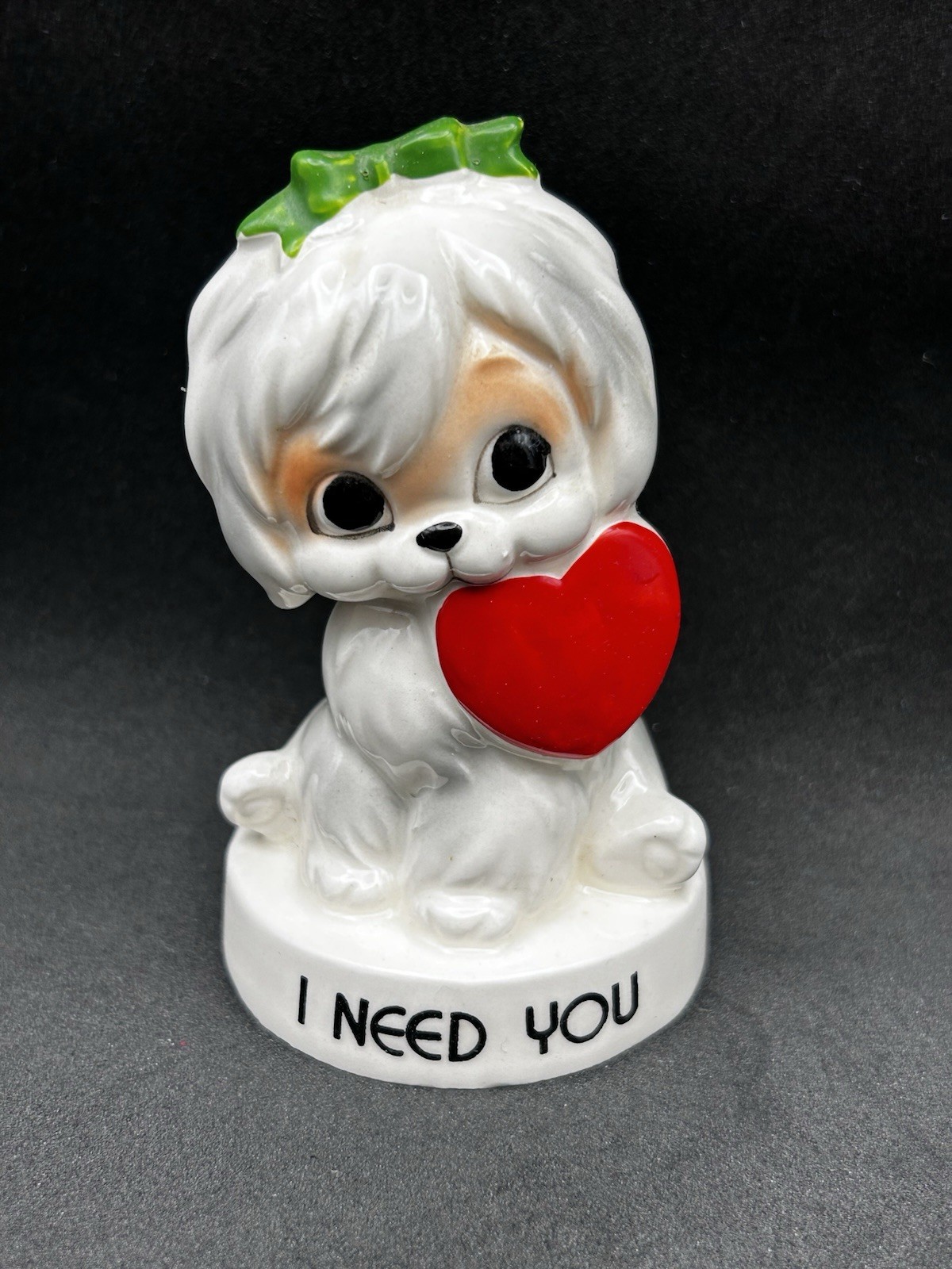 Vintage Norcrest Puppy Dog “I Need You” Valentine’s Day Figurine Red Heart Japan