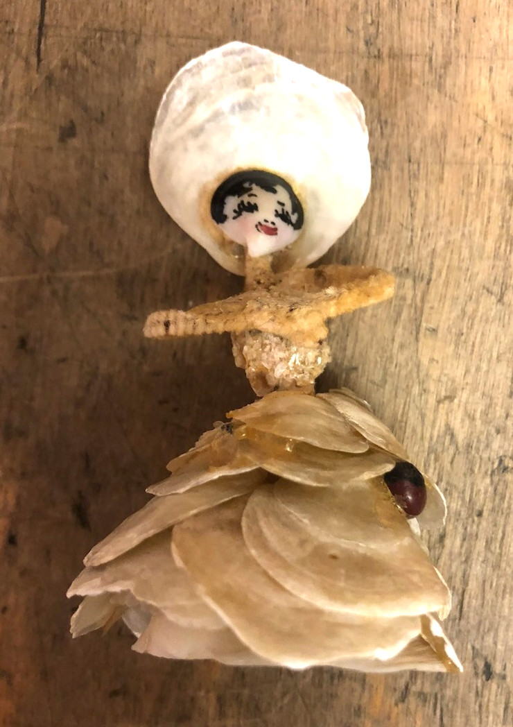 Vintage French Sea Shell Doll Folk Art Figurine 3.5″