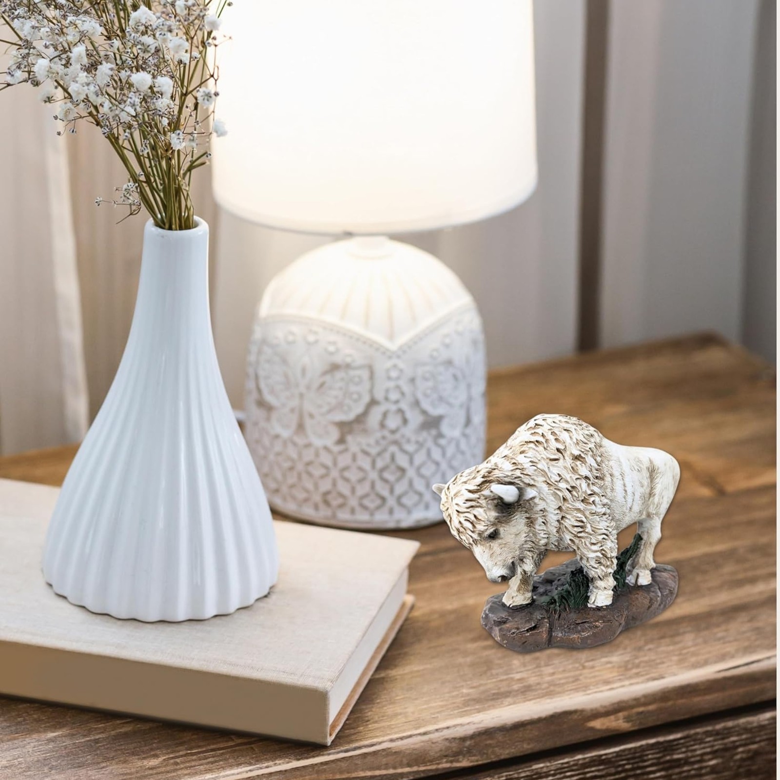 Small White Bison Figurine – Lifelike Resin Buffalo Décor for Home or Office