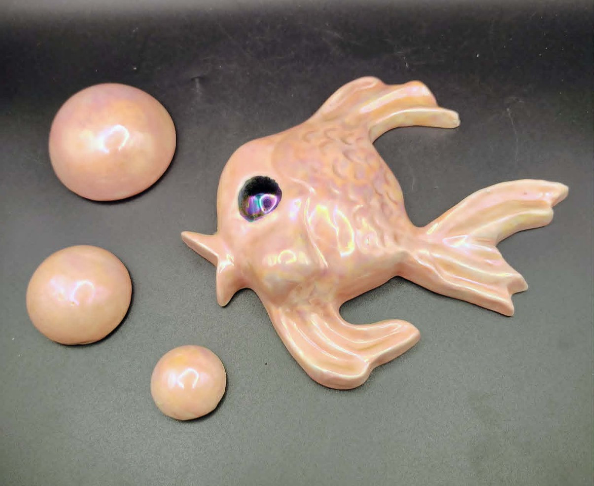 Pink Luster Ceramic Angel Fish Mid Century Wall Plaques BUBBLES