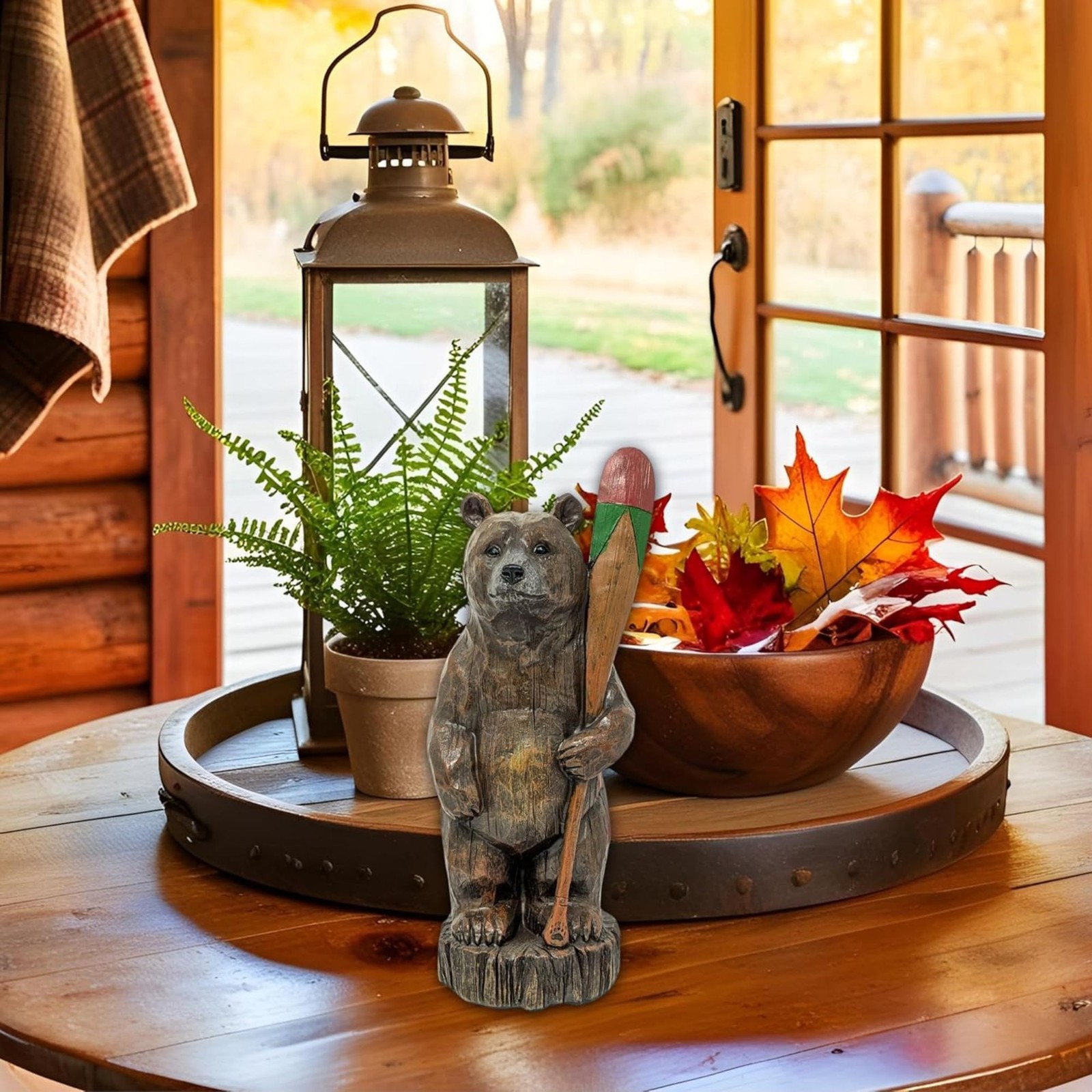 Standing Bear with Paddle Figurine – Statue for Cabin or Lake House Décor